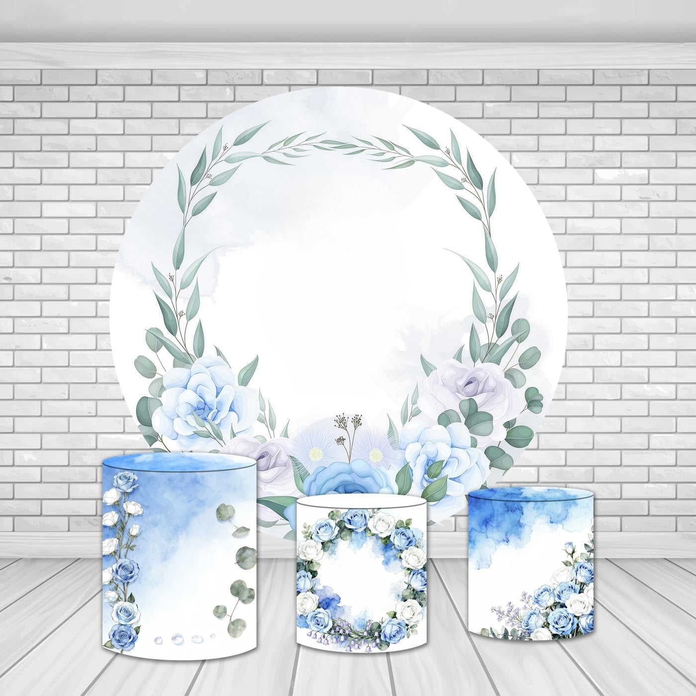 Round Backdrop Kit Blue Watercolor Floral Wreath Wedding Backdrop MRR9-150