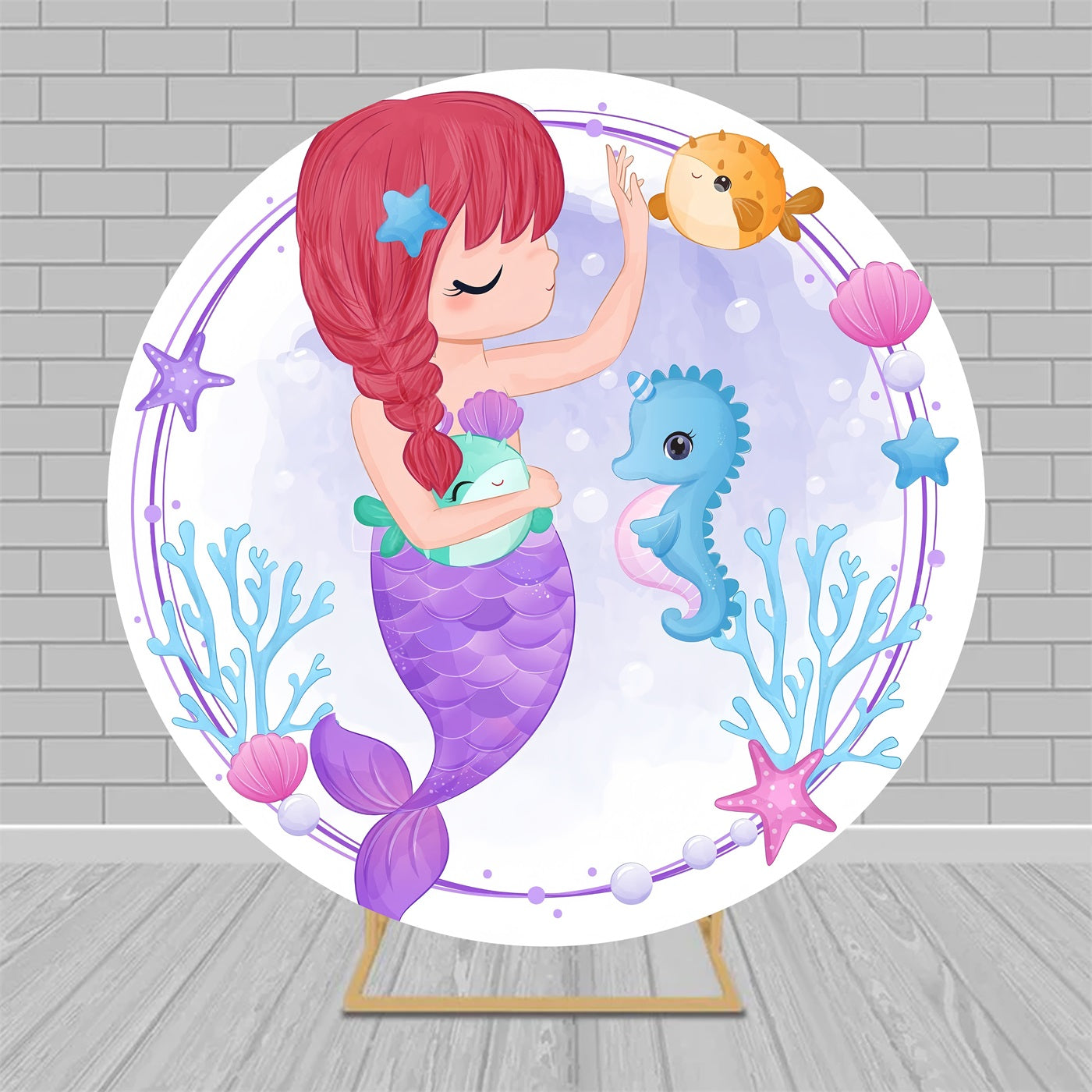 Round Backdrop Kit Cute Mermaid Sea Animals Birthday Backdrop MRR9-155