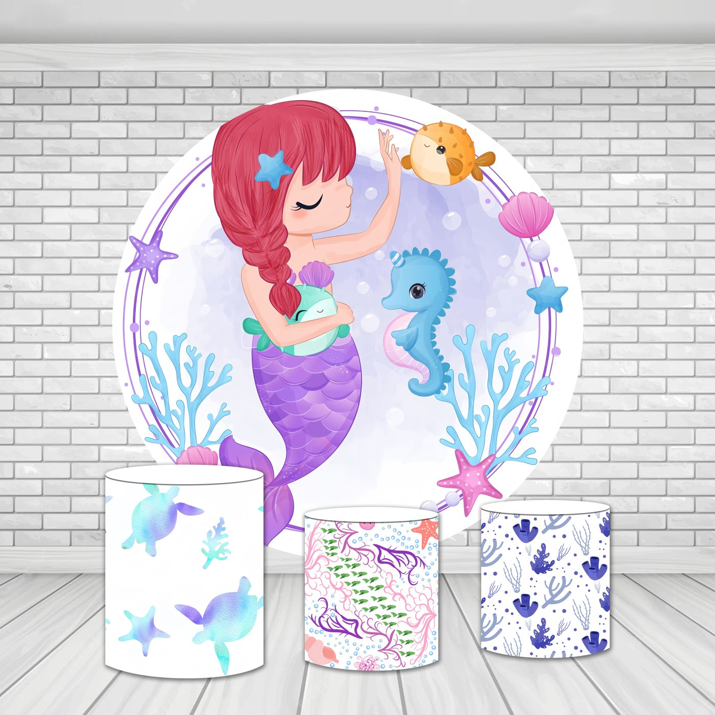 Round Backdrop Kit Cute Mermaid Sea Animals Birthday Backdrop MRR9-155