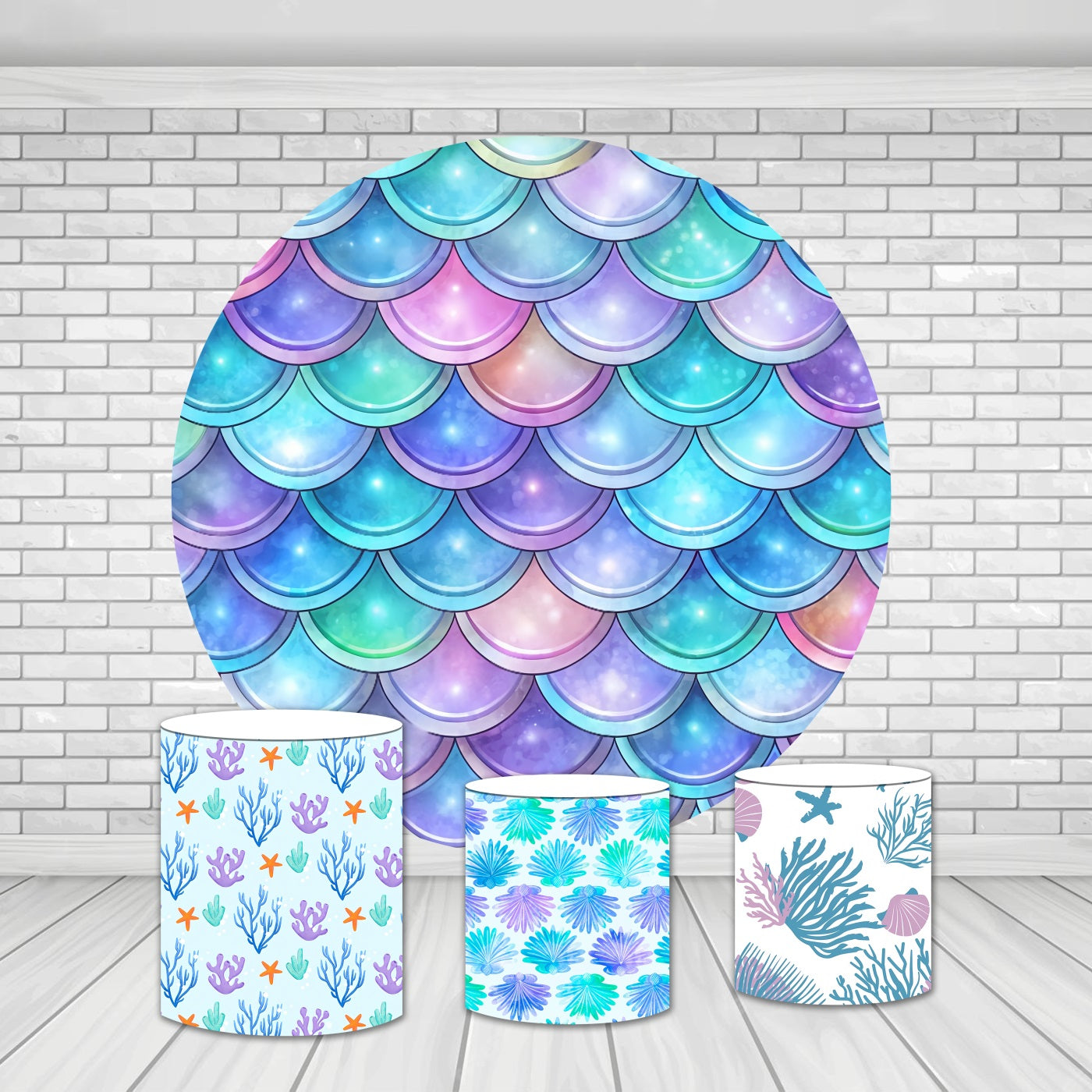 Round Backdrop Kit Iridescent Blue Mermaid Scales Party Decor Backdrop MRR9-159