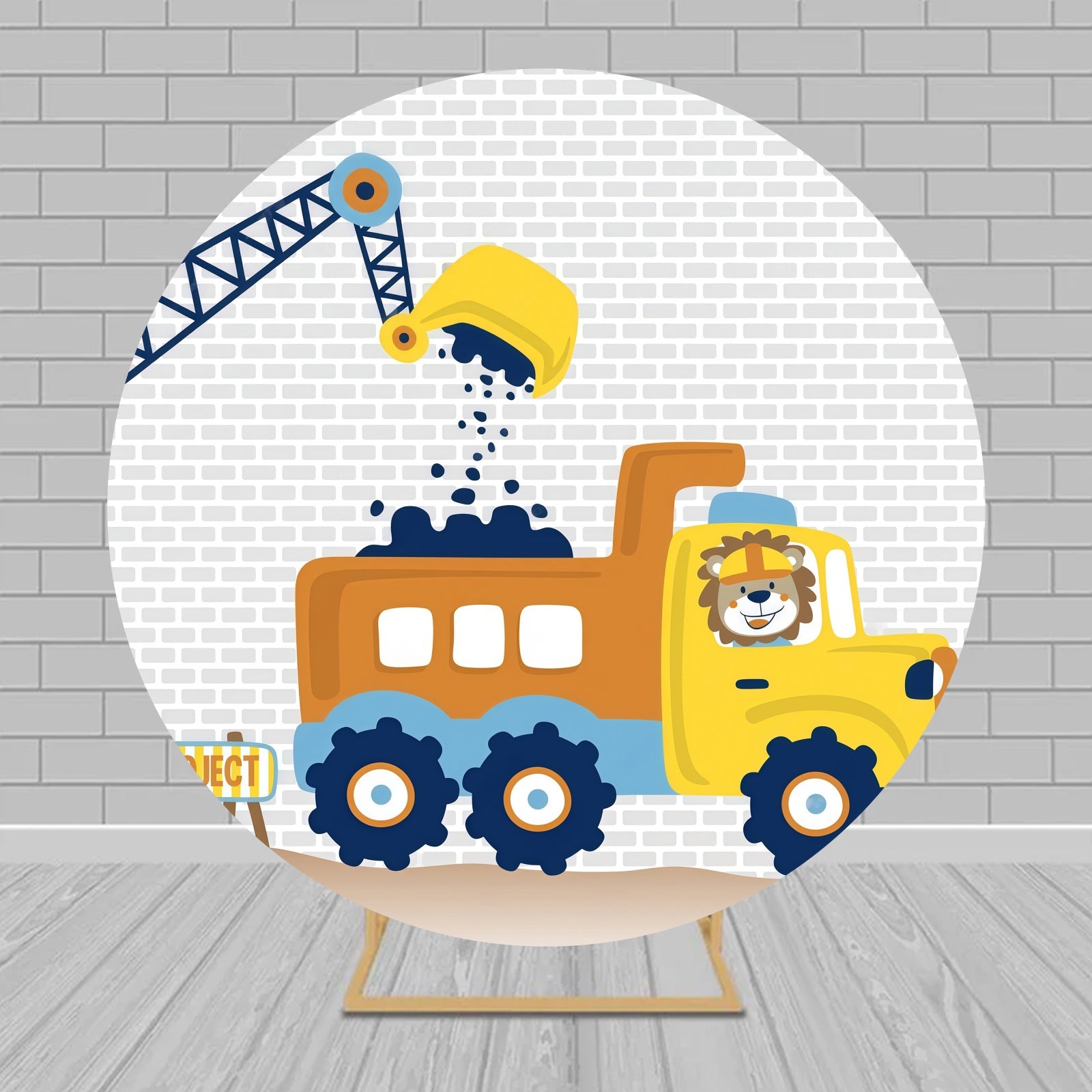 Round Backdrop Kit Cartoon Construction Trucks Birthday Backdrop MRR9-160