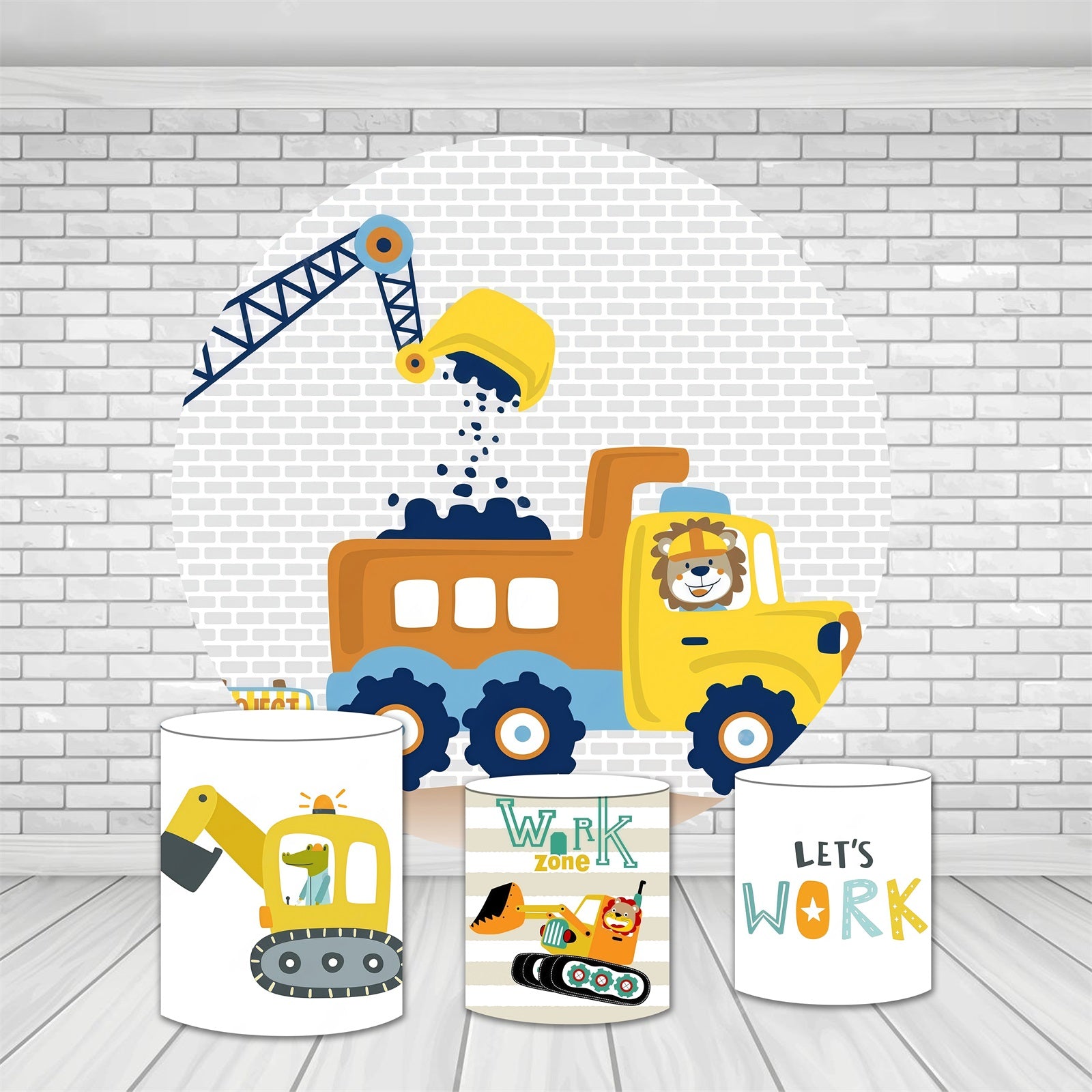 Round Backdrop Kit Cartoon Construction Trucks Birthday Backdrop MRR9-160
