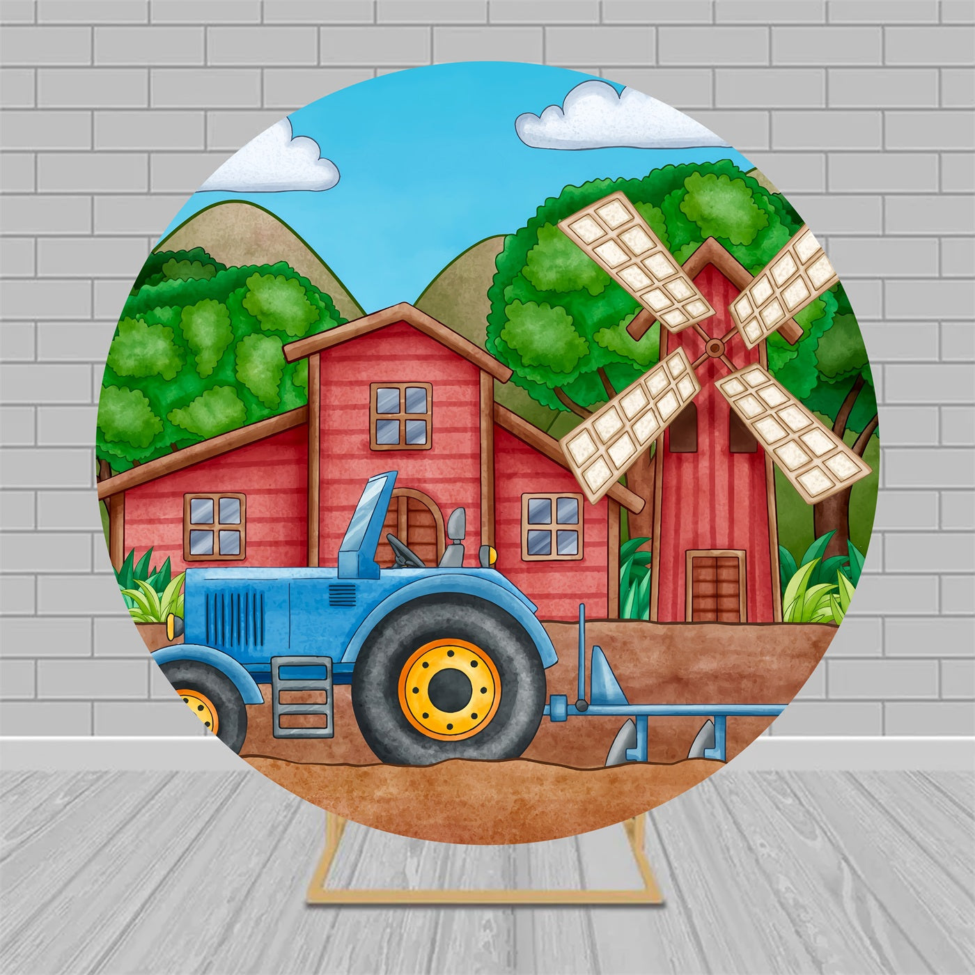 Circle Backdrop Kit Red Barn Farm Cartoon Birthday Party Backdrop MRR9-161