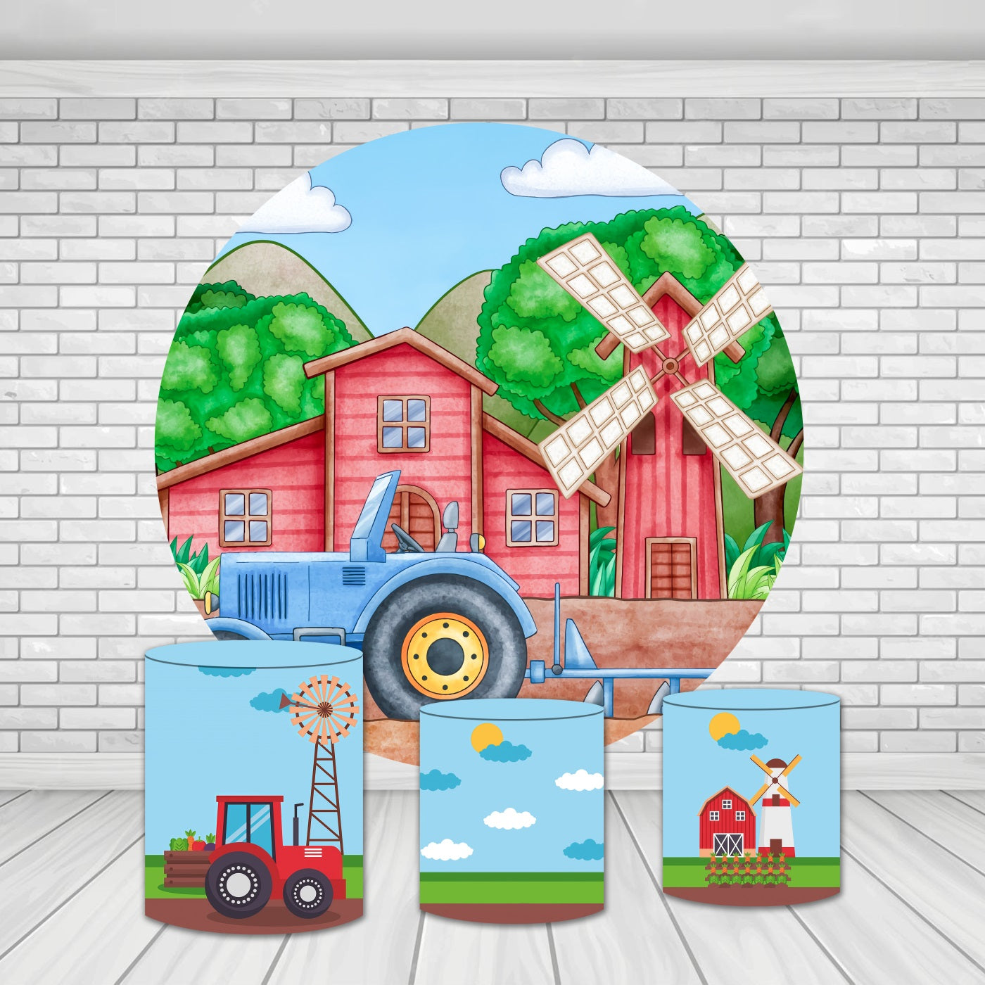 Circle Backdrop Kit Red Barn Farm Cartoon Birthday Party Backdrop MRR9-161