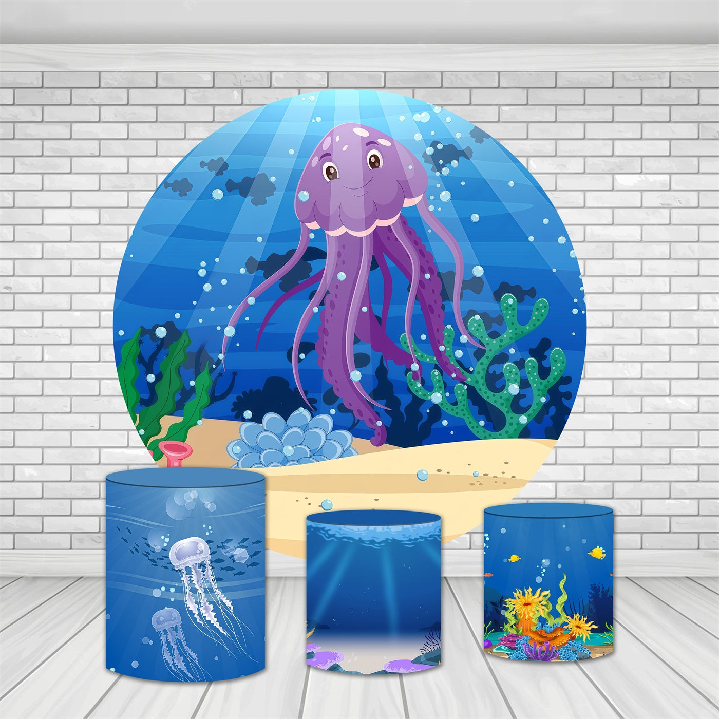 Round Backdrop Kit Underwater Ocean World Cartoon Birthday Backdrops MRR9-162
