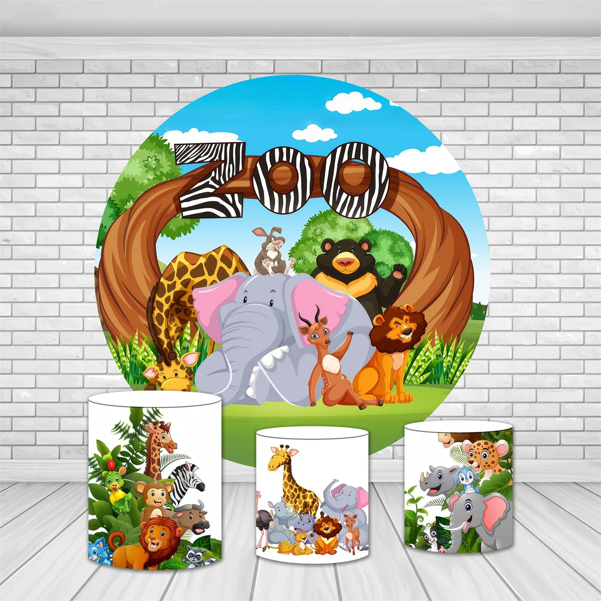 Round Backdrop Kit Jungle Zoo Animals Gathering Baby Shower Backdrop MRR9-165
