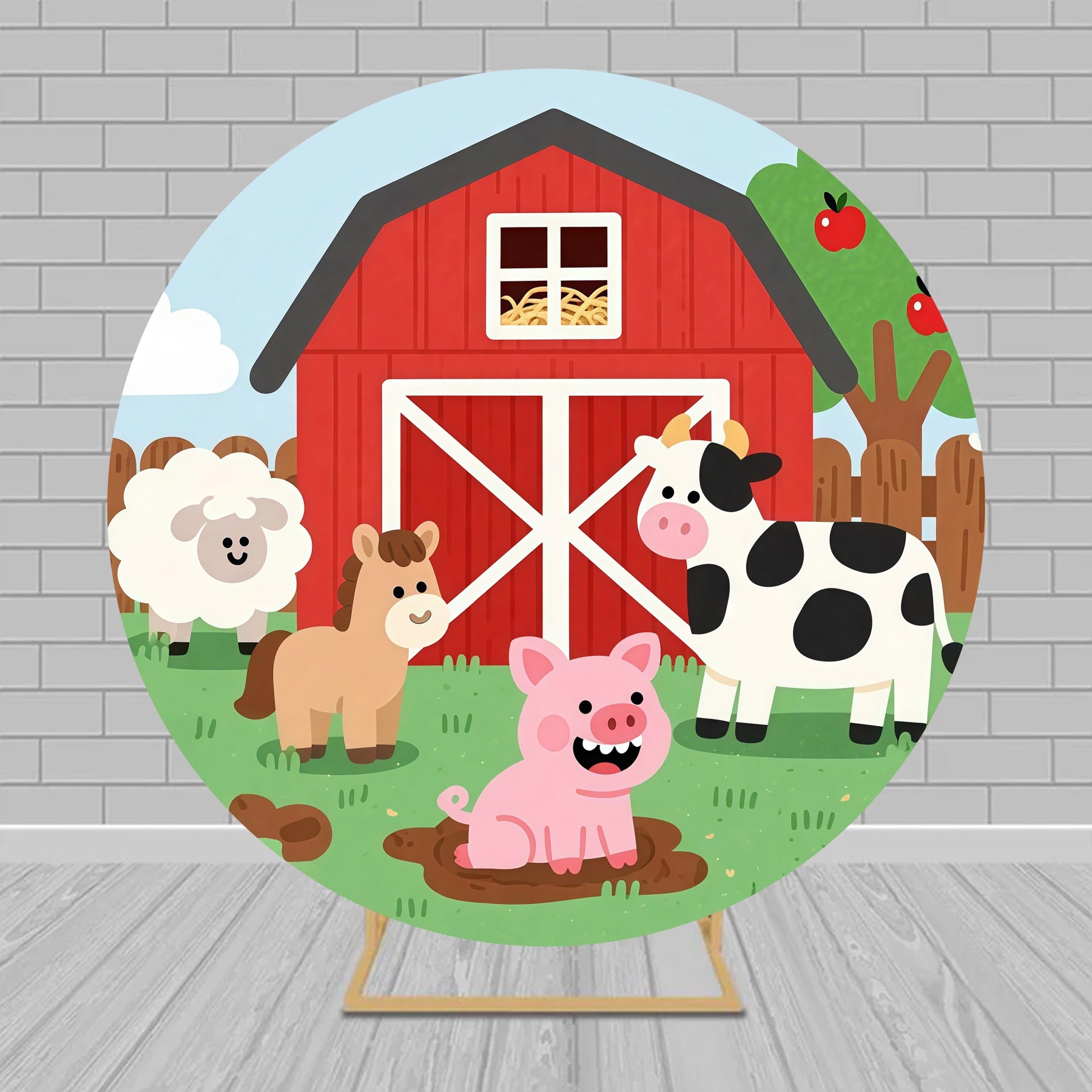Round Backdrop Kit Red Barnyard Farm Animals Happy Birthday Backdrop MRR9-167