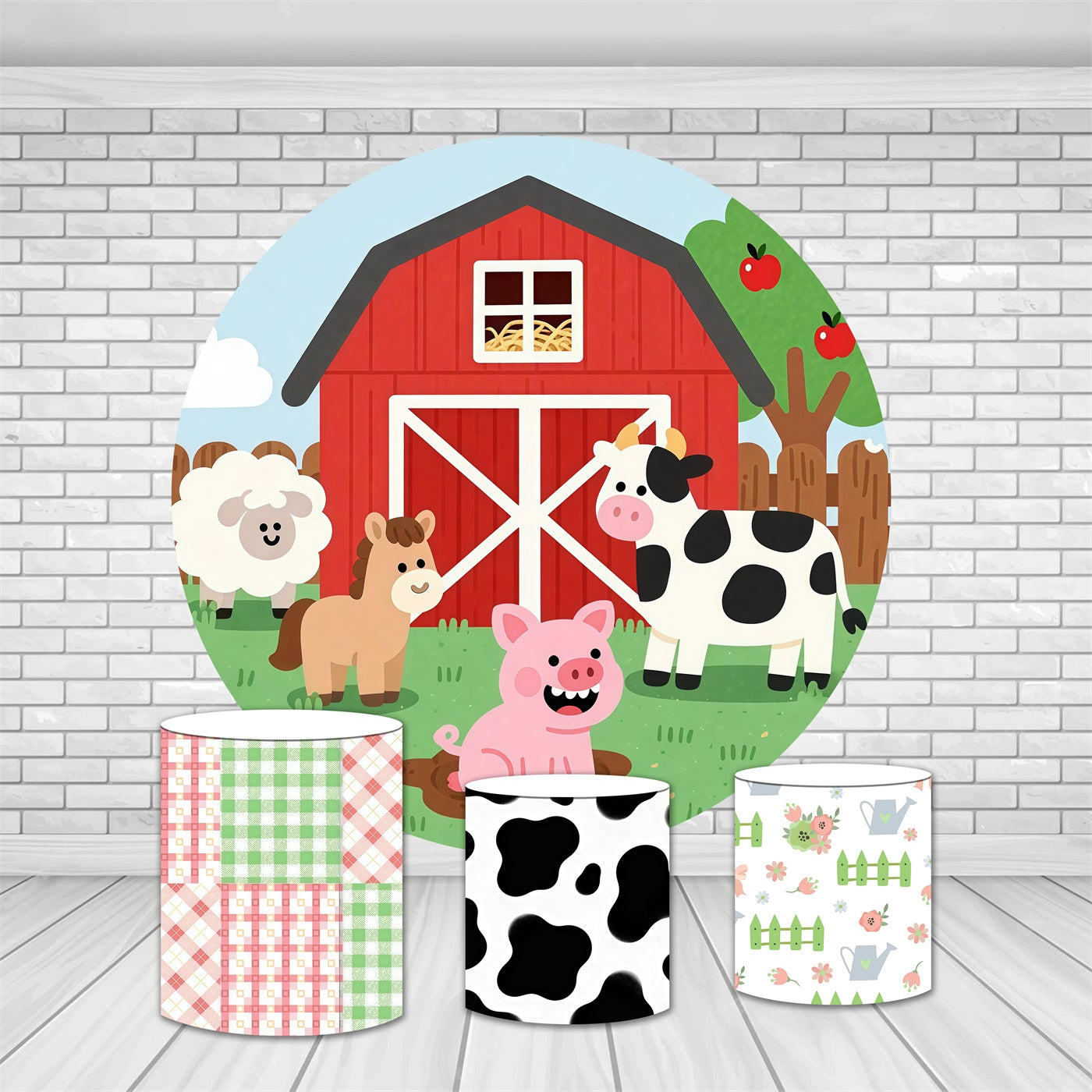 Round Backdrop Kit Red Barnyard Farm Animals Happy Birthday Backdrop M