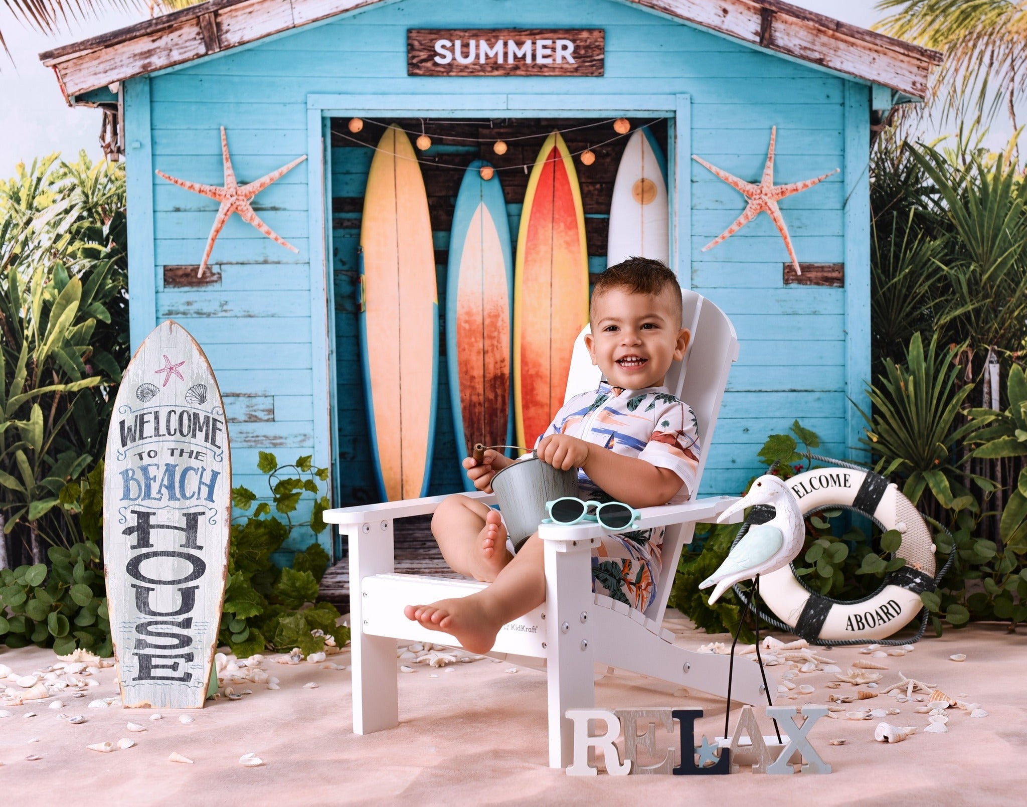 Beach Backdrop Surfboards Tropical Beach Hut Summer Backdrop MRR9-17