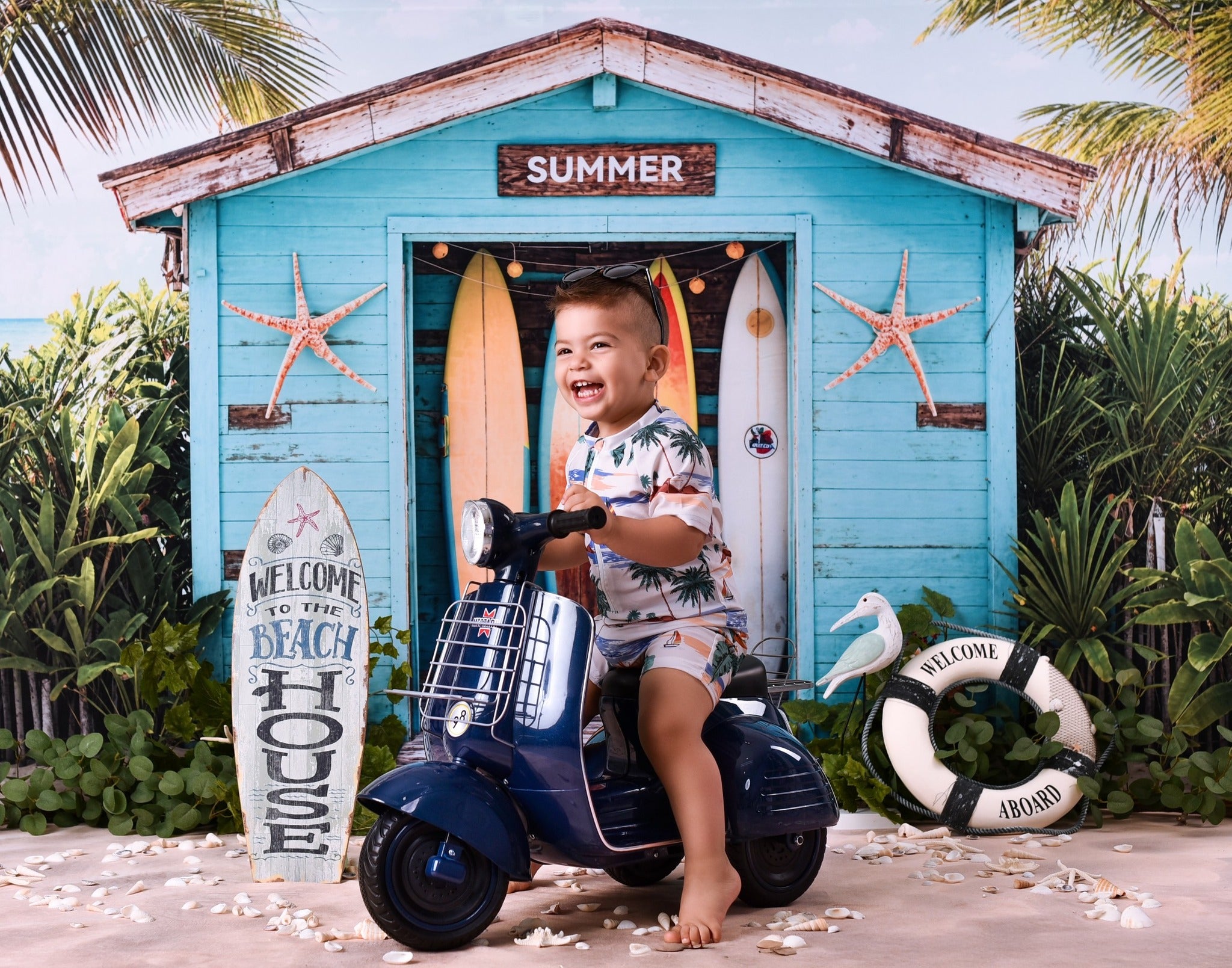Beach Backdrop Surfboards Tropical Beach Hut Summer Backdrop MRR9-17