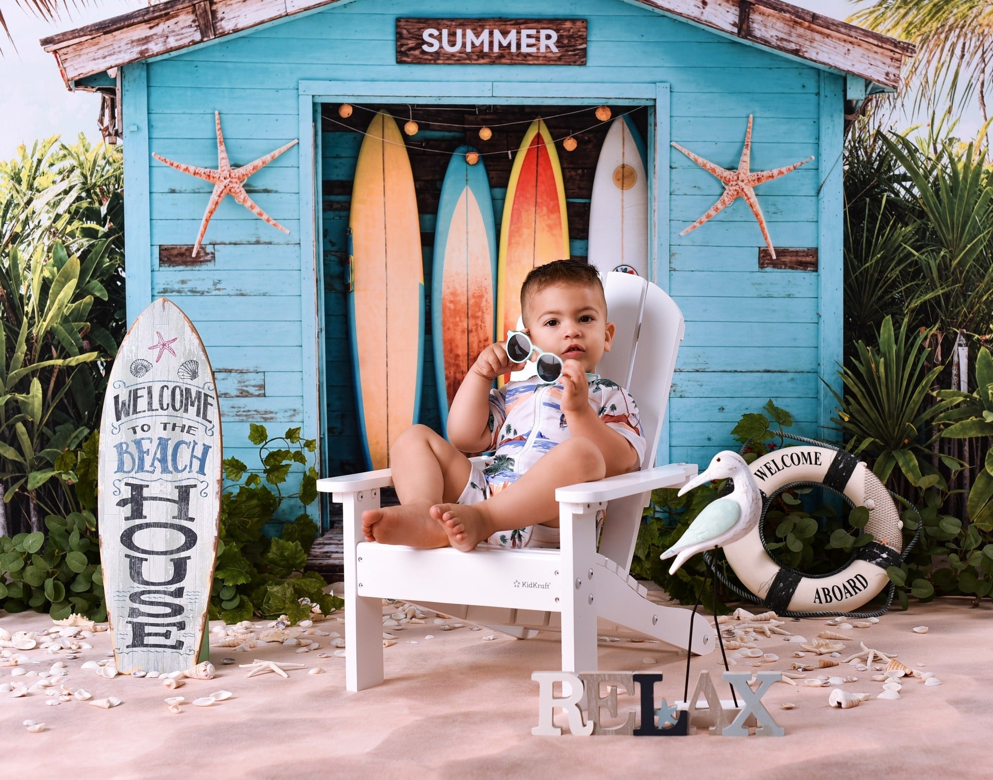 Beach Backdrop Surfboards Tropical Beach Hut Summer Backdrop MRR9-17