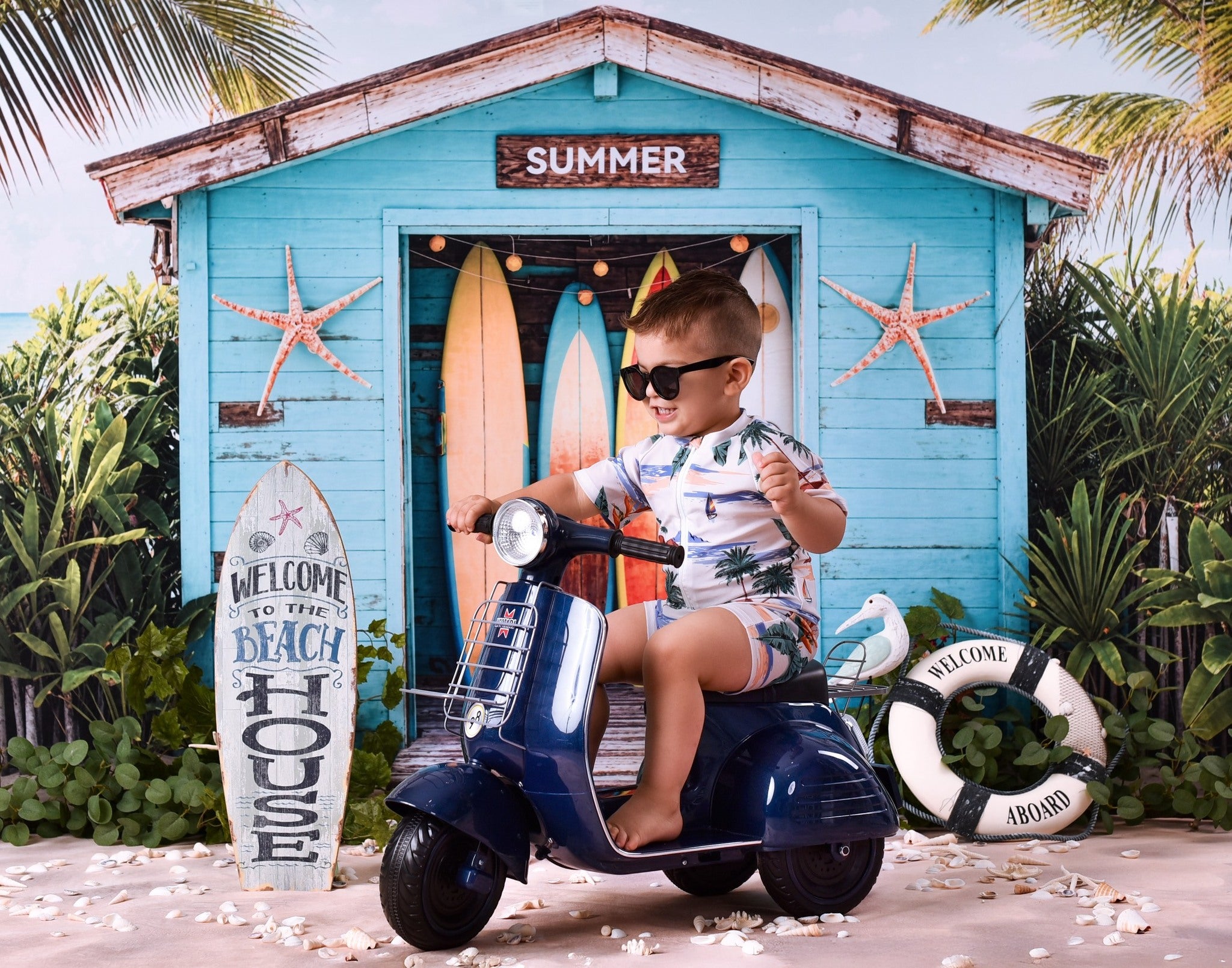 Beach Backdrop Surfboards Tropical Beach Hut Summer Backdrop MRR9-17