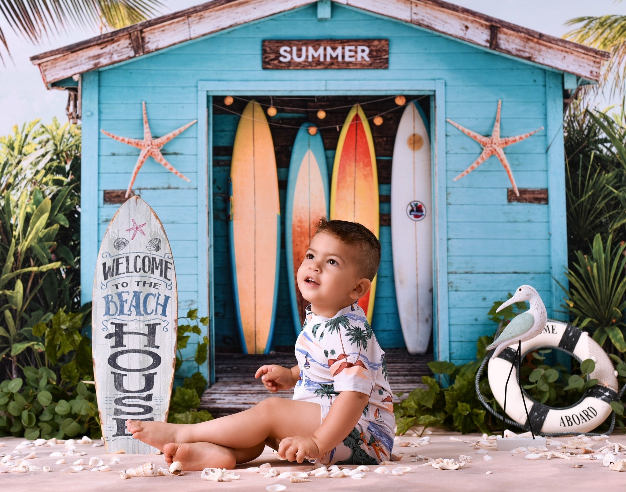 Beach Backdrop Surfboards Tropical Beach Hut Summer Backdrop MRR9-17