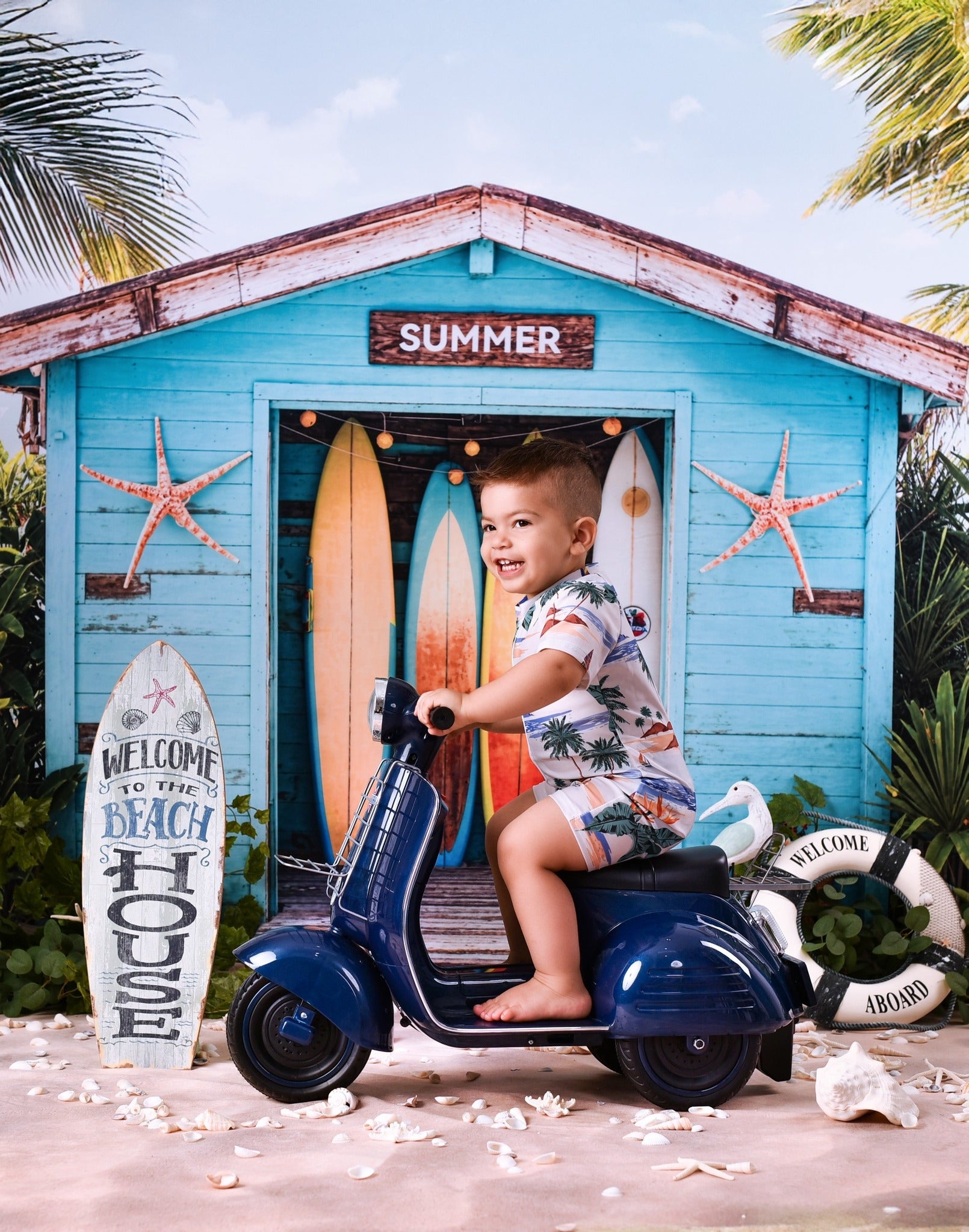 Beach Backdrop Surfboards Tropical Beach Hut Summer Backdrop MRR9-17