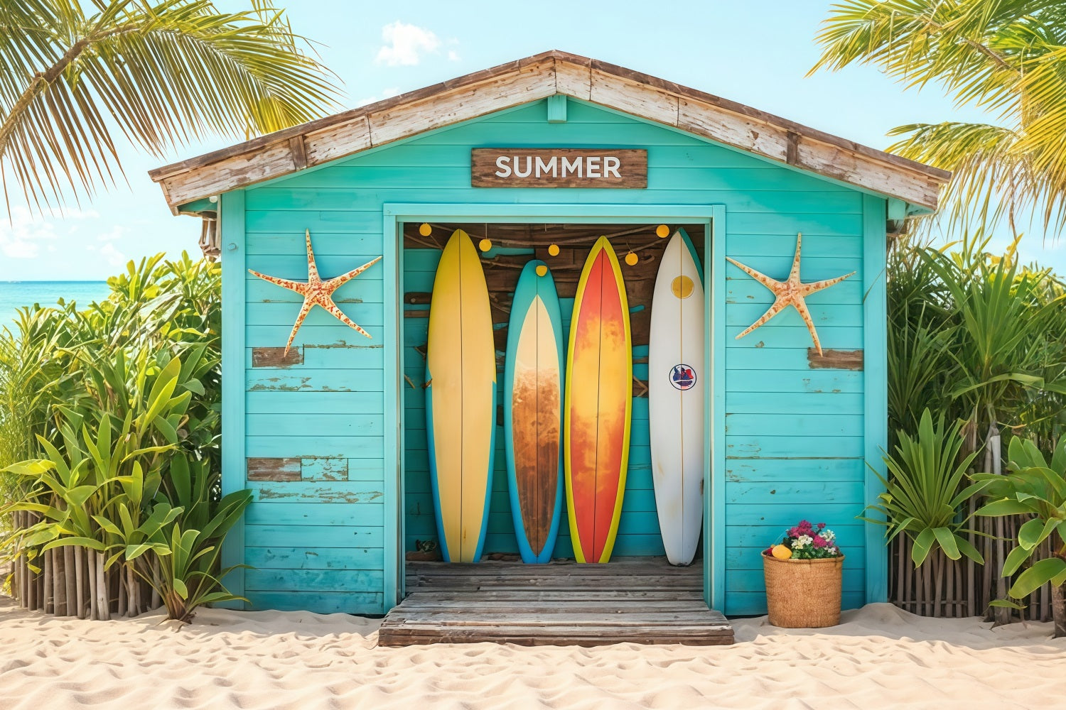 Beach Backdrop Surfboards Tropical Beach Hut Summer Backdrop MRR9-17