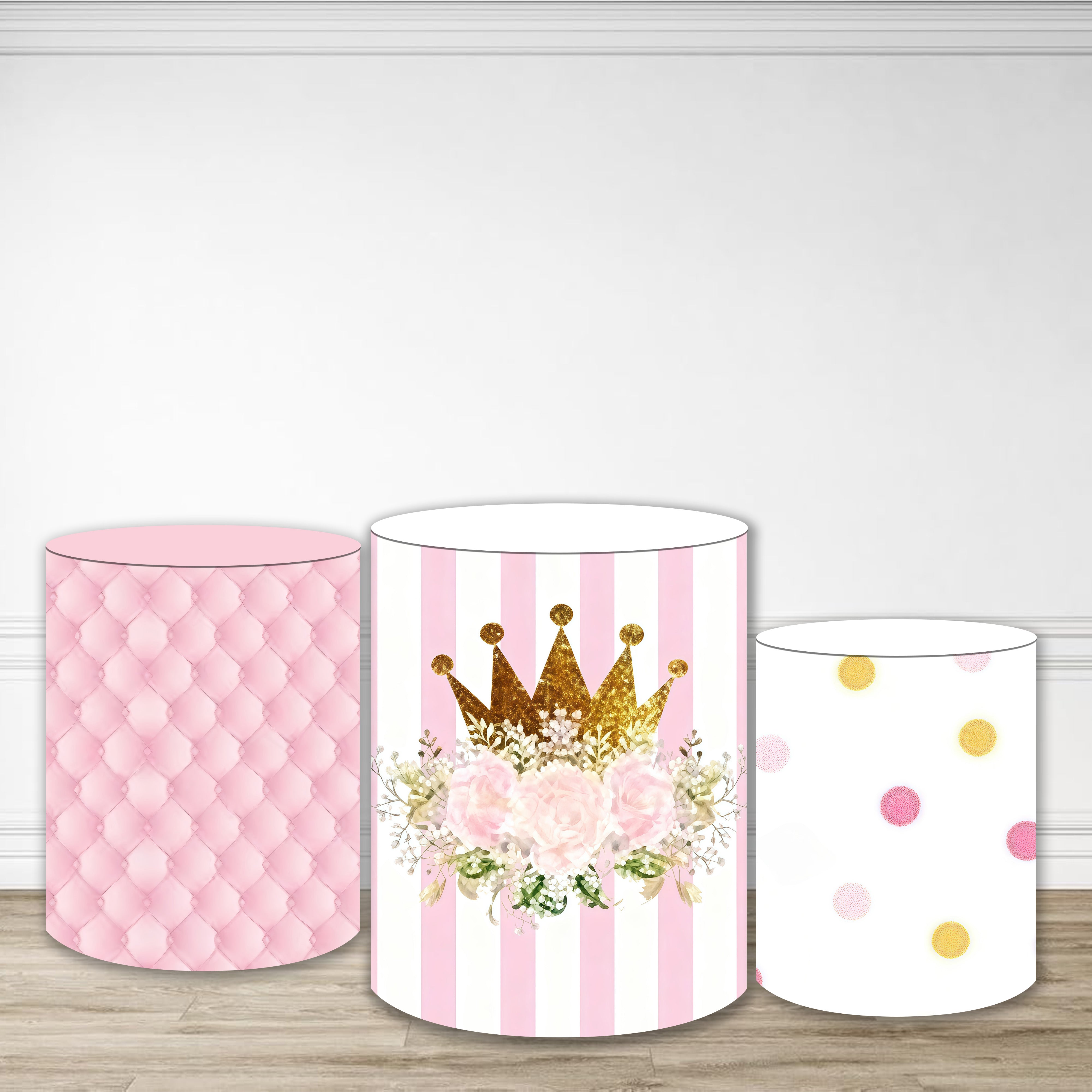 Cylinder Cover Pink Crown Floral Princess Birthday Party Backdrop MRR9-176