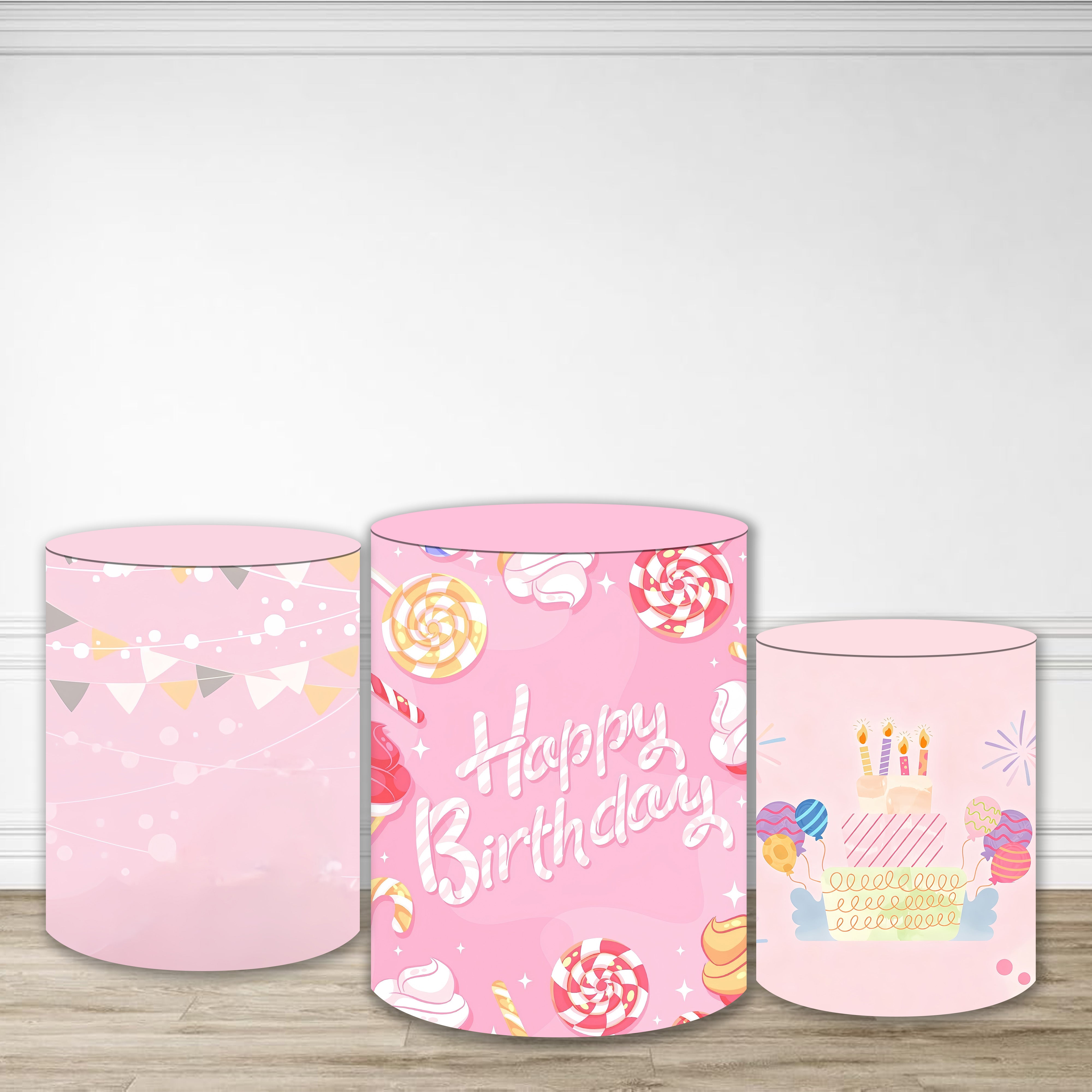 Pillar Cover Candy Cake Pink Decoration Happy Birthday Backdrop MRR9-178