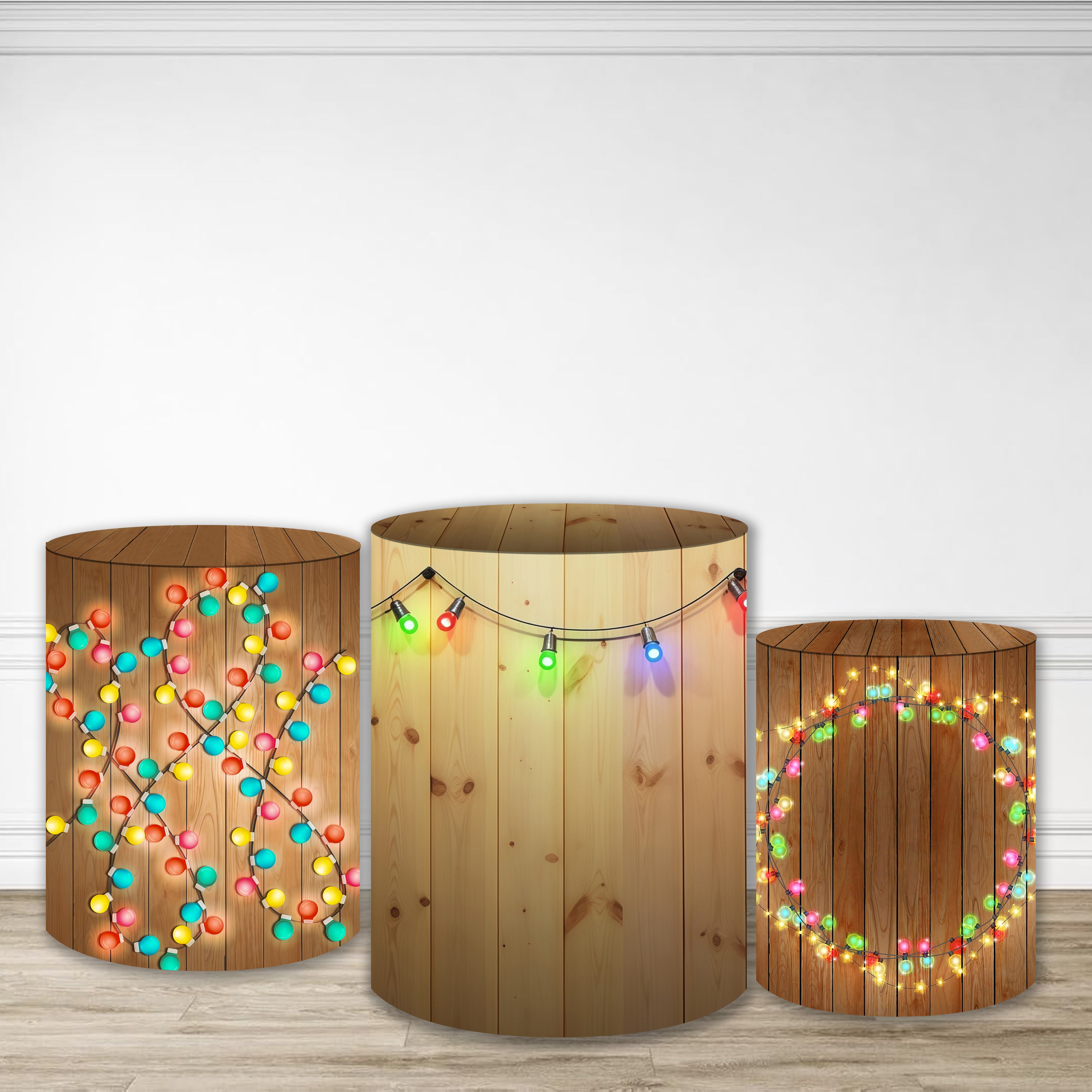 Plinth Cylinder Cover Kit Wooden Plank String Light Party Backdrop MRR9-199