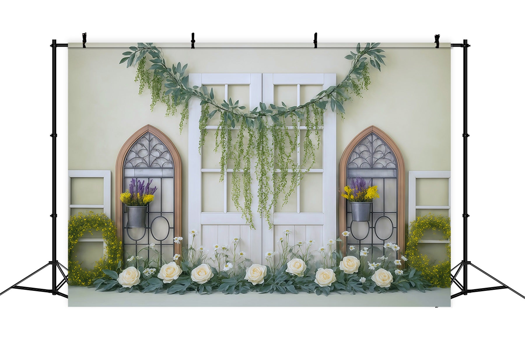 Spring Floral Backdrop Yellow Greenery Window Floral Garland Spring Backdrop Ideas MRR9-3