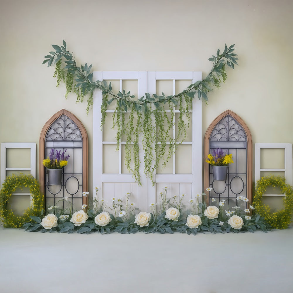 Spring Floral Backdrop Yellow Greenery Window Floral Garland Spring Backdrop Ideas MRR9-3