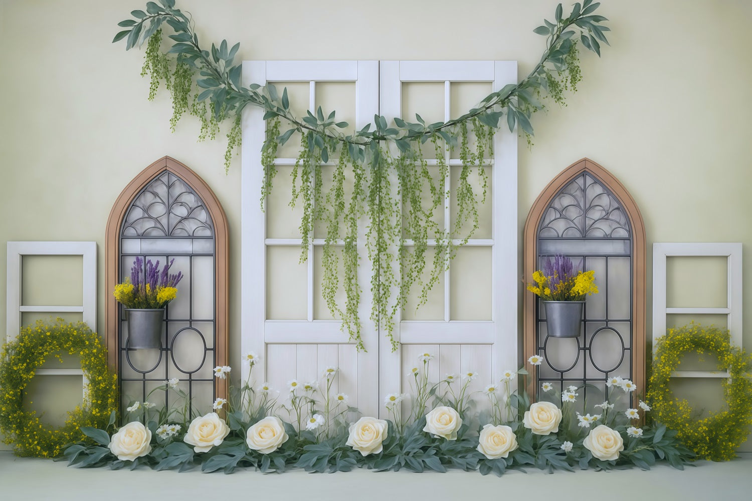 Spring Floral Backdrop Yellow Greenery Window Floral Garland Spring Backdrop Ideas MRR9-3