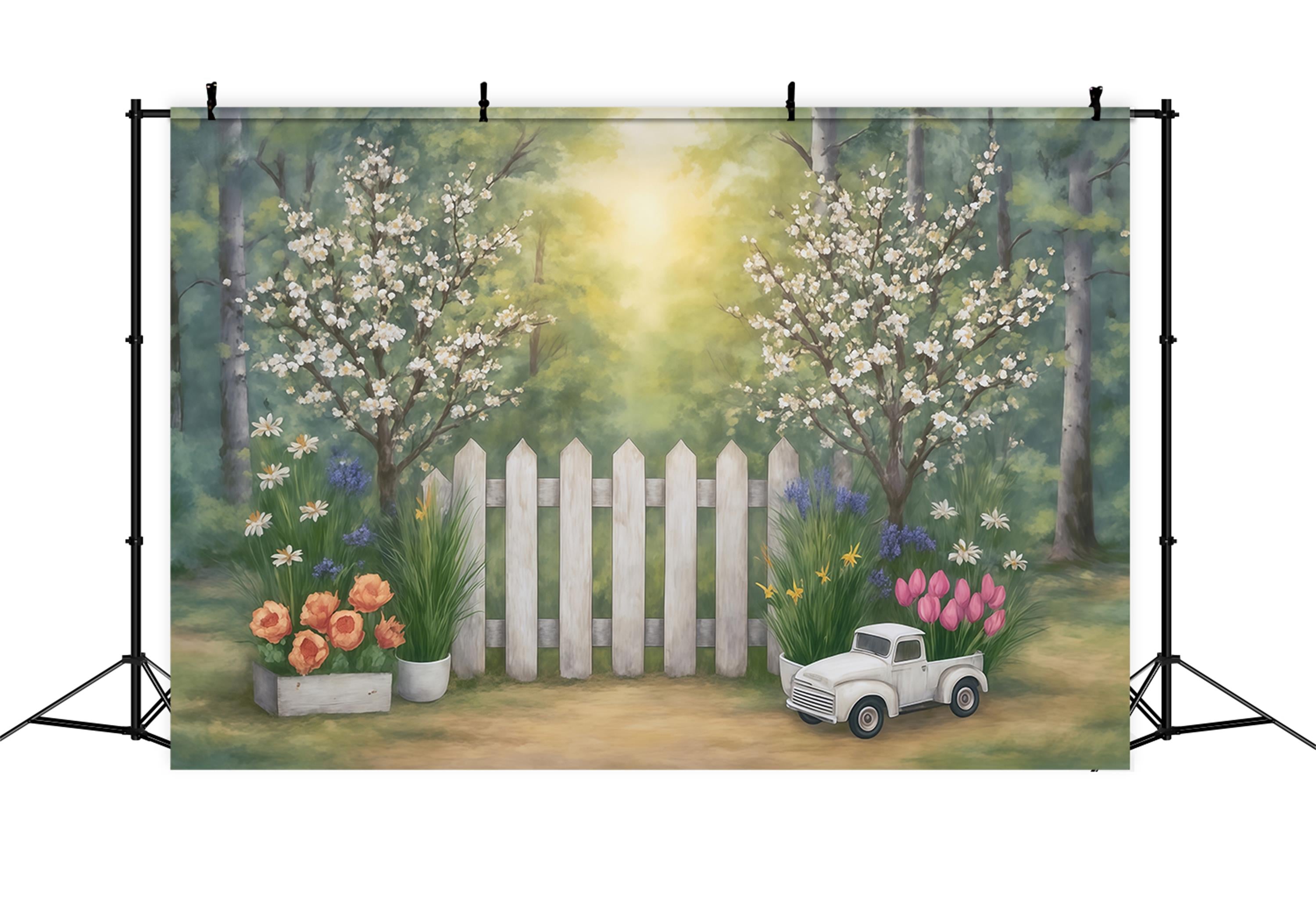 Fine Art Backdrops Spring Garden Fence Flowers Truck Artistic Backdrop MRR9-34