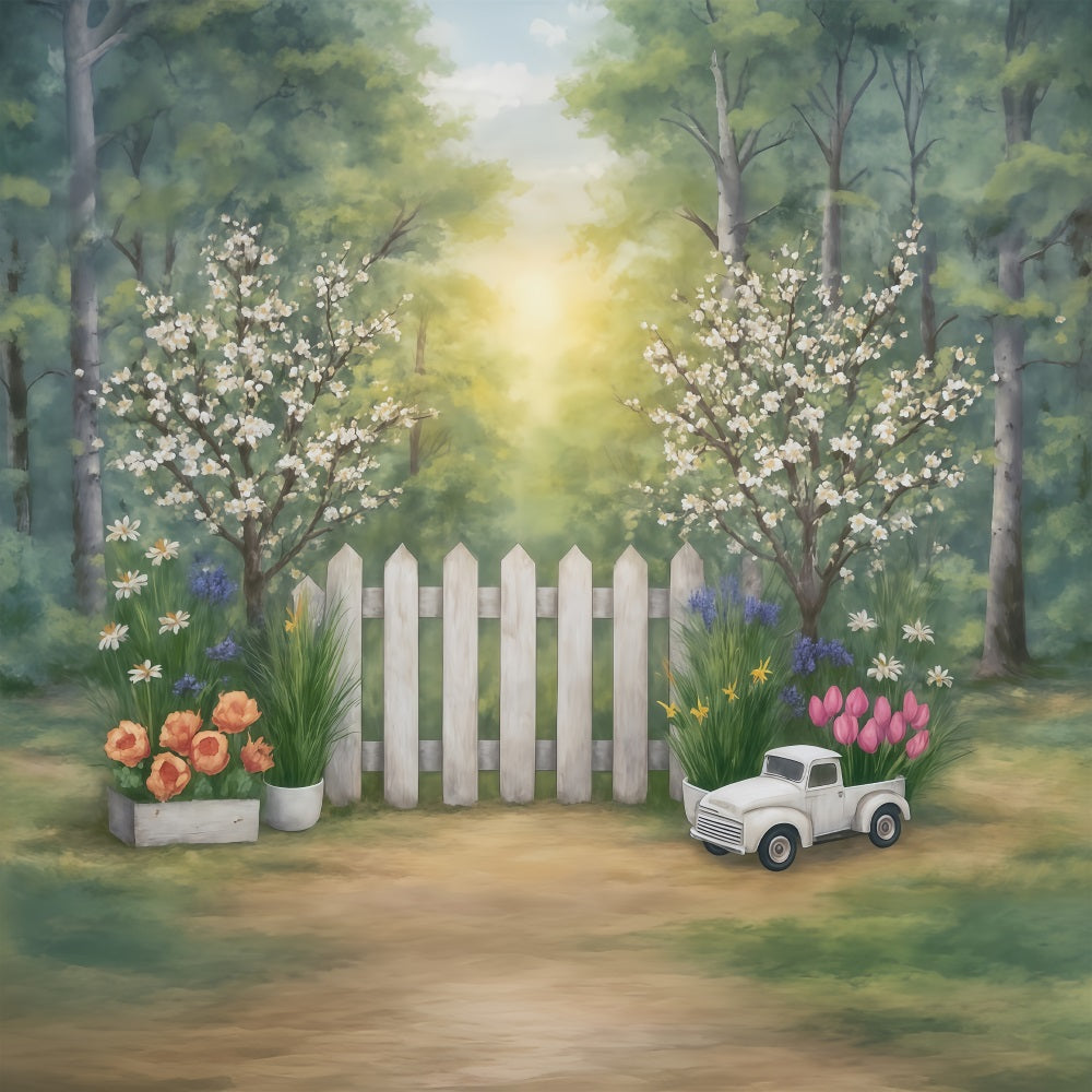 Fine Art Backdrops Spring Garden Fence Flowers Truck Artistic Backdrop MRR9-34