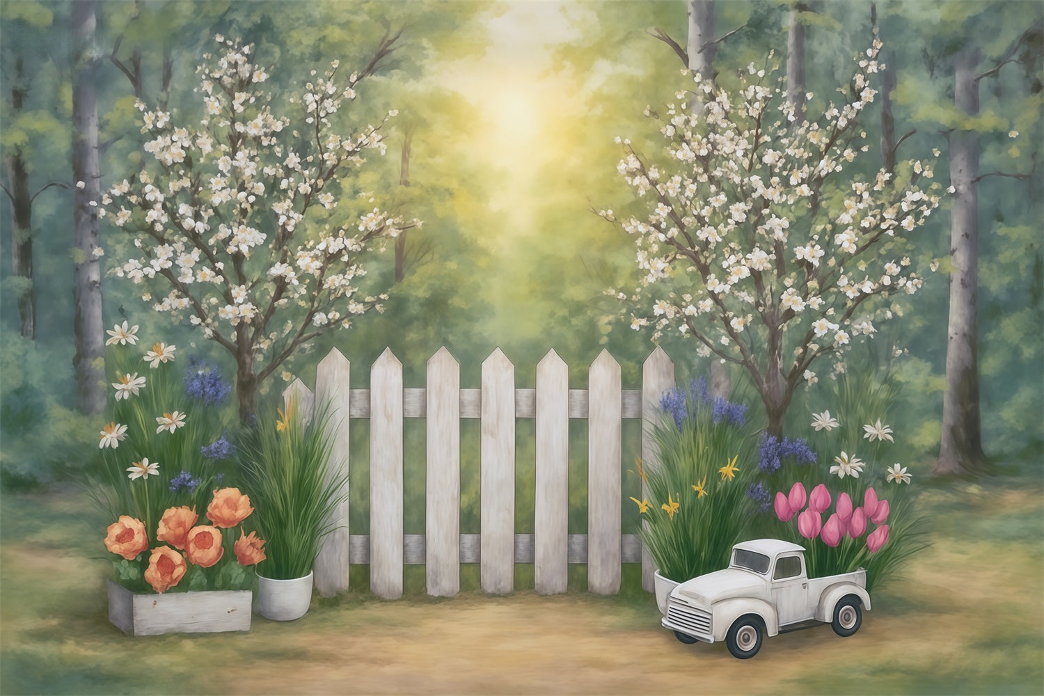 Fine Art Backdrops Spring Garden Fence Flowers Truck Artistic Backdrop MRR9-34