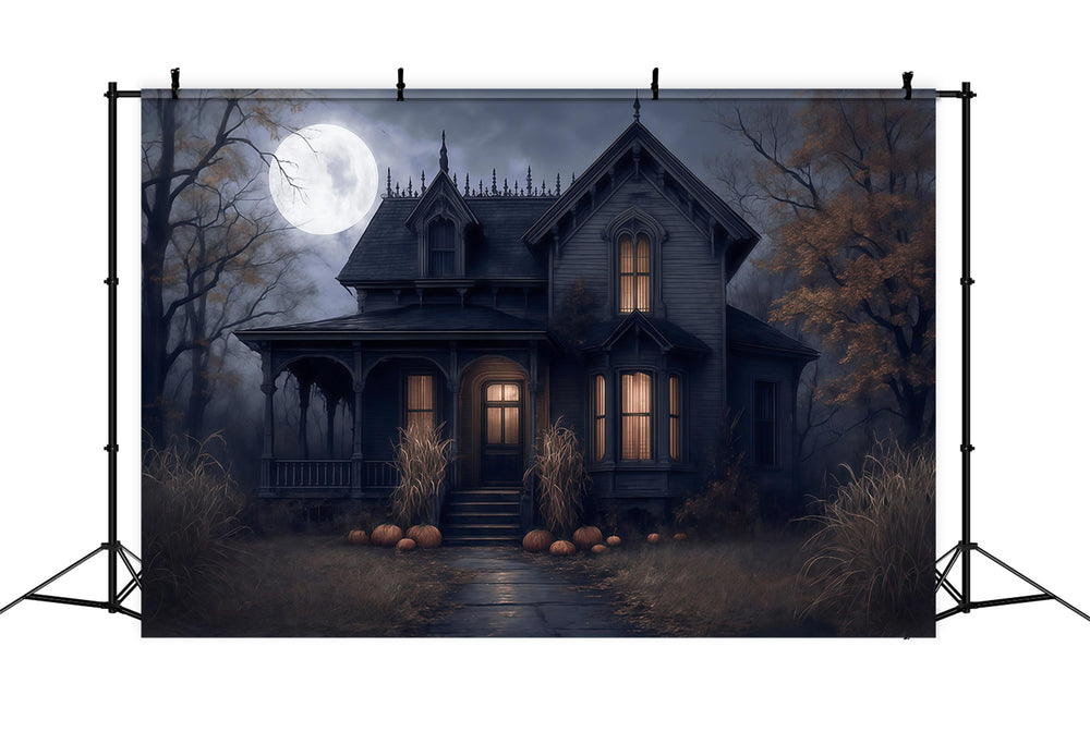 Halloween Backdrop Haunted House Full Moon Night Spooky Halloween Back