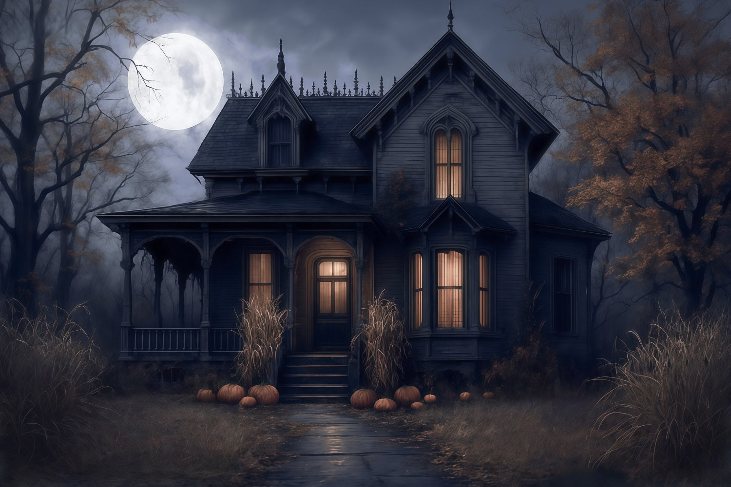 Halloween Backdrop Haunted House Full Moon Night Spooky Halloween Backdrop MRR9-38