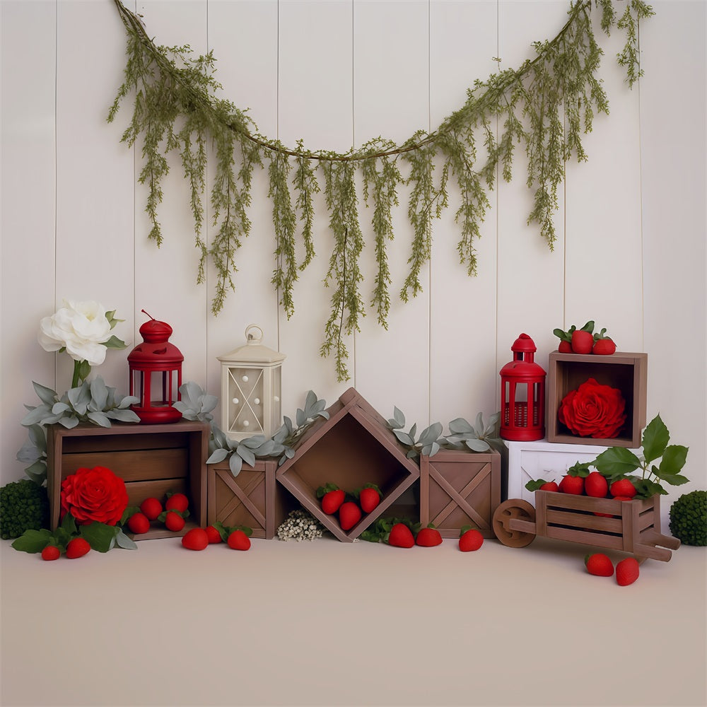 Spring Backdrop Rustic Crates Strawberries Red Lanterns Spring Photo Backdrop MRR9-4
