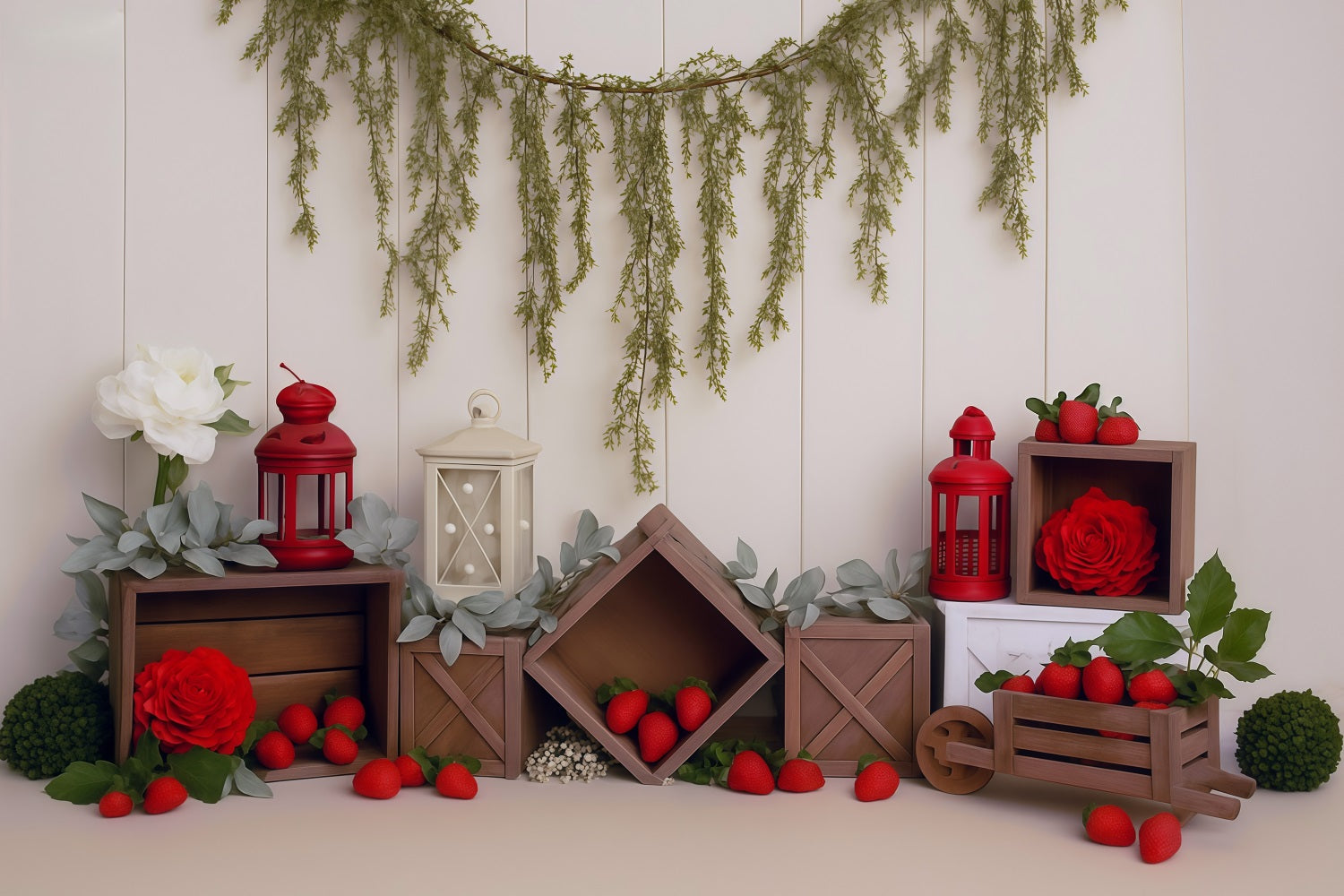 Spring Backdrop Rustic Crates Strawberries Red Lanterns Spring Photo Backdrop MRR9-4
