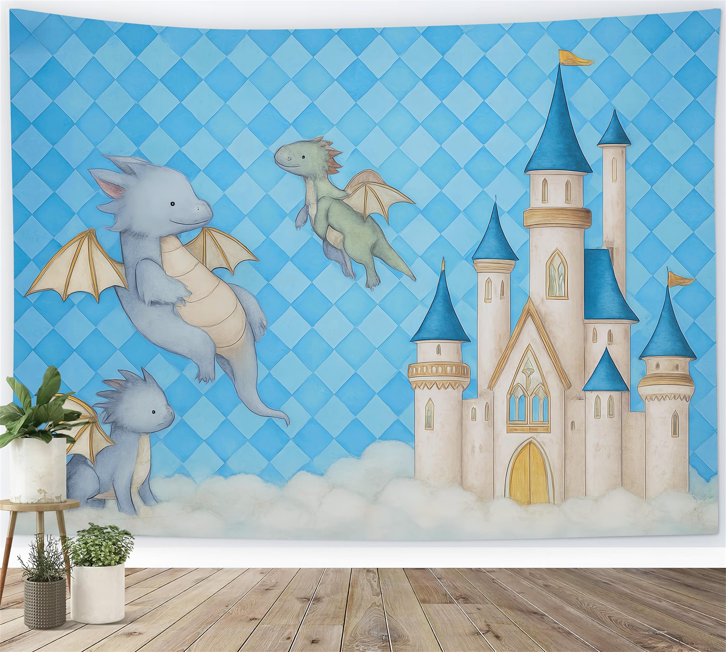 Castle Backdrop Flying Dragons Blue Castle Clouds Newborn Photography Backdrop MRR9-44
