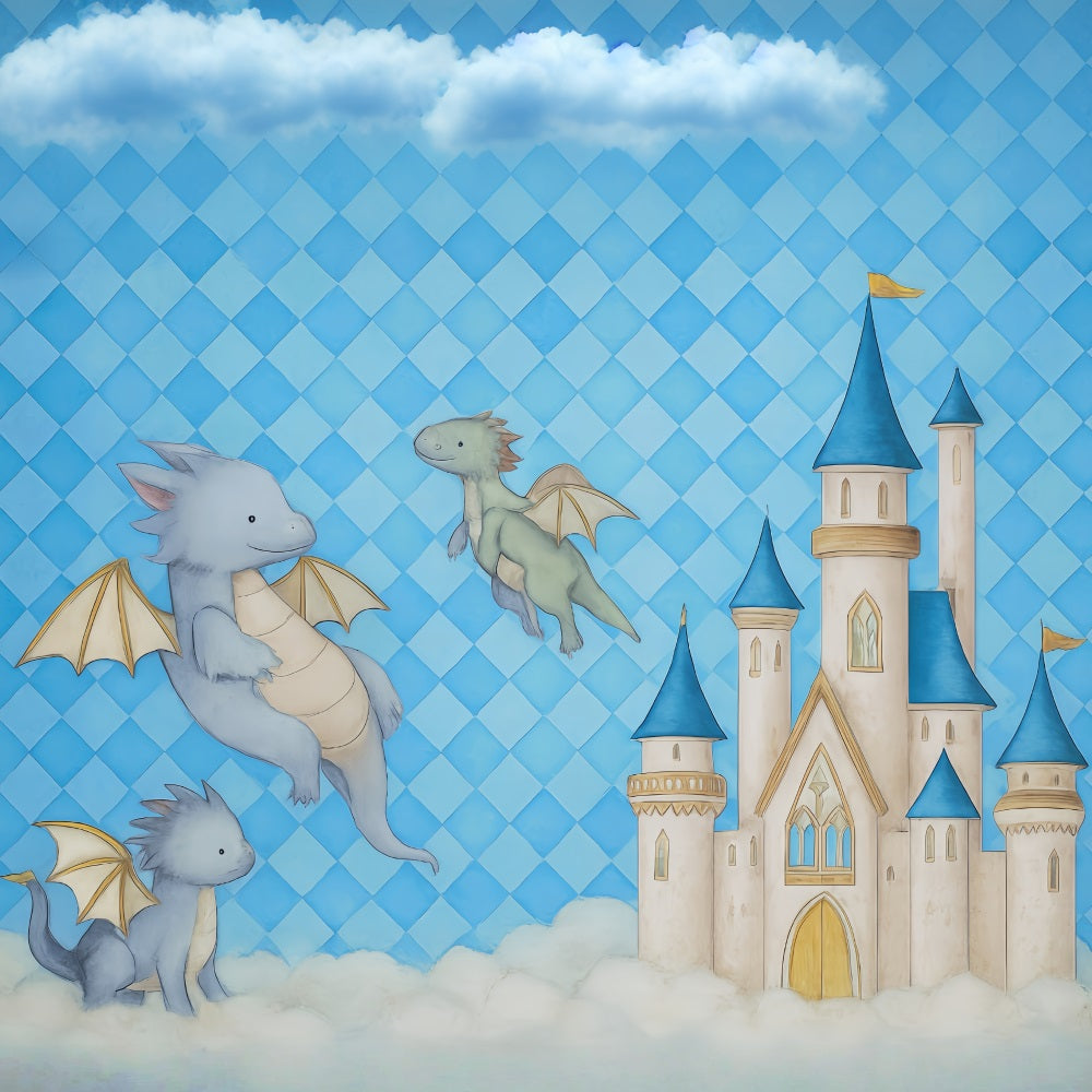 Castle Backdrop Flying Dragons Blue Castle Clouds Newborn Photography Backdrop MRR9-44