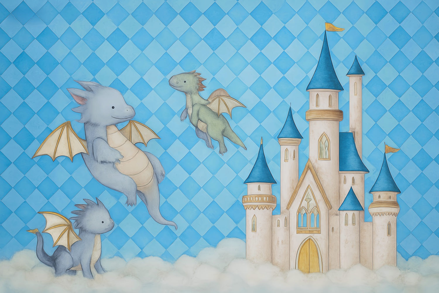 Castle Backdrop Flying Dragons Blue Castle Clouds Newborn Photography Backdrop MRR9-44