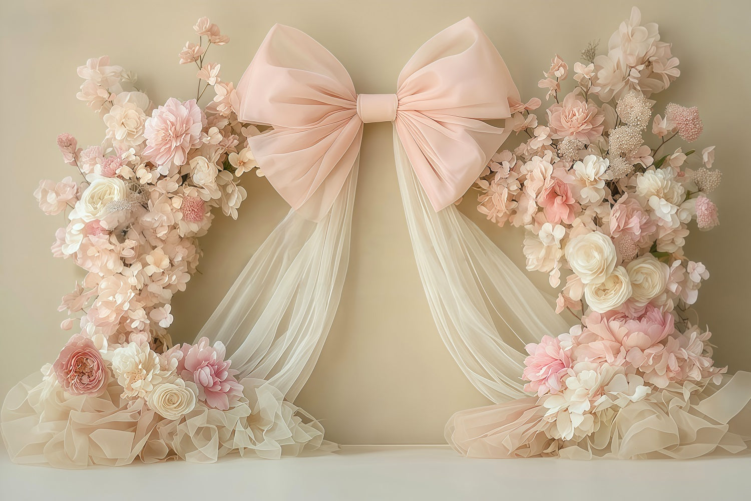 Newborn Photoshoot Backdrop Blush Bow Floral Drapery Arrangement Kids Backdrop MRR9-45