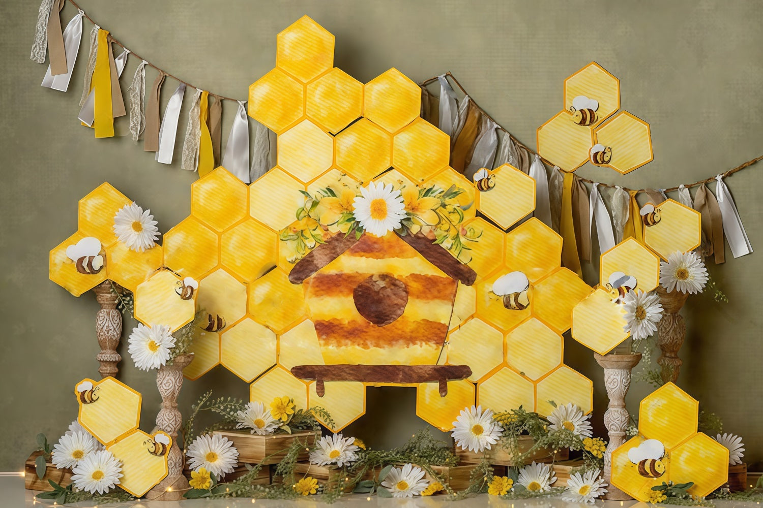 Kids Photo Backdrop Honeycomb Daisy Bee Cottage Display Children Backdrops MRR9-46