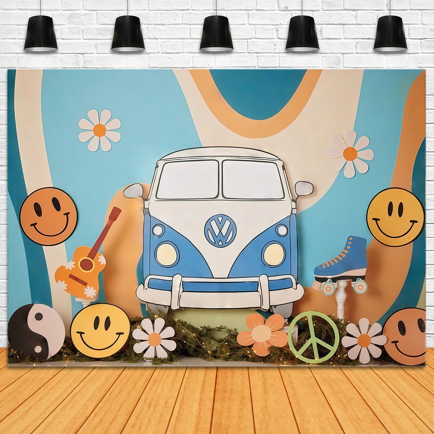 Birthday Backdrop Retro Hippie Van Smiley Symbols Cake Smash Backdrop MRR9-57