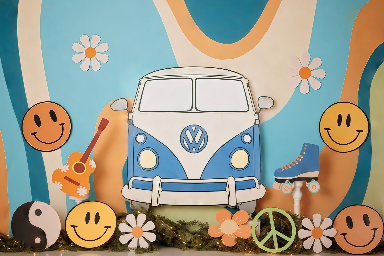 Birthday Backdrop Retro Hippie Van Smiley Symbols Cake Smash Backdrop MRR9-57