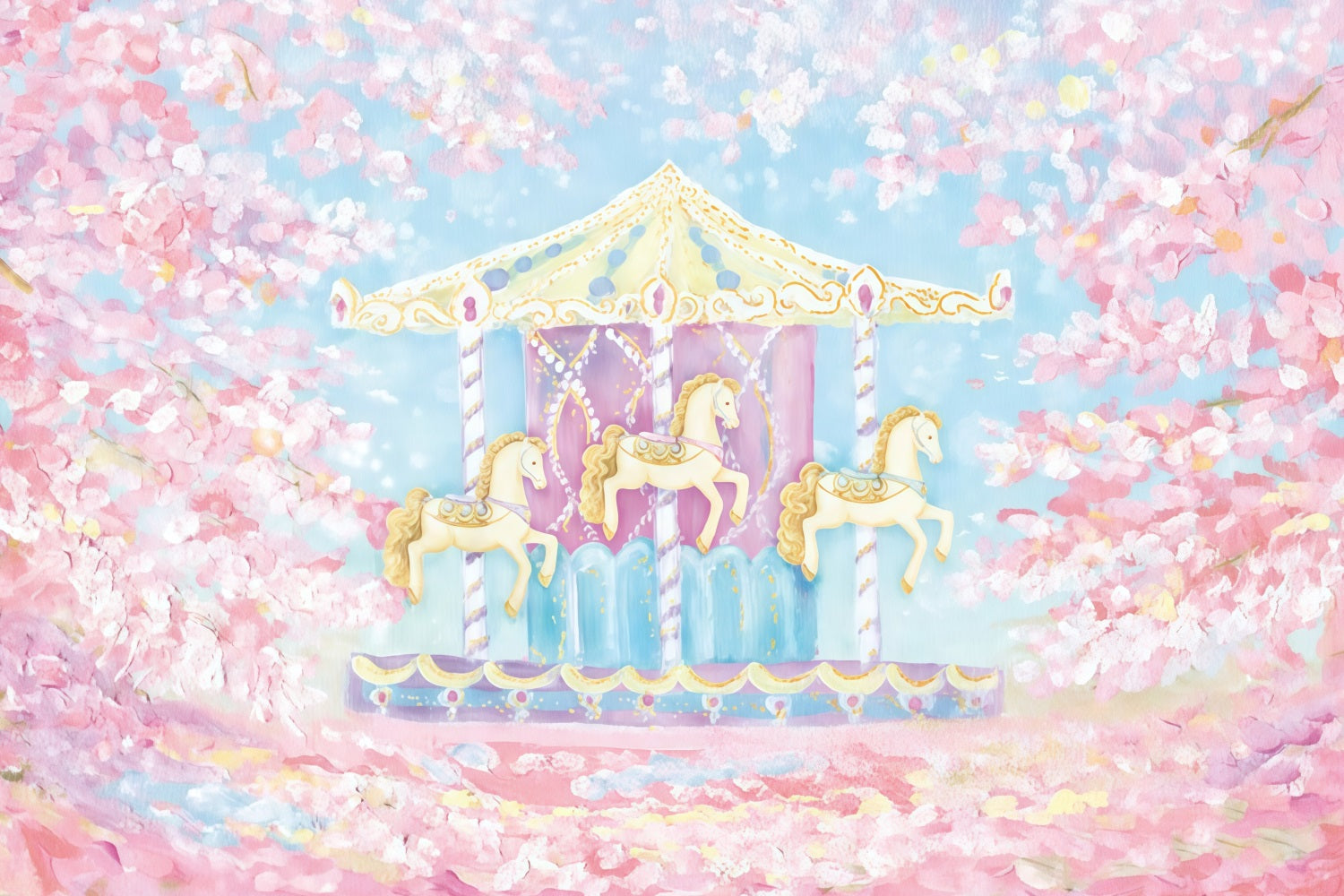 Children Backdrops Carousel Horses Cherry Blossom Newborn Photography Backdrop MRR9-59