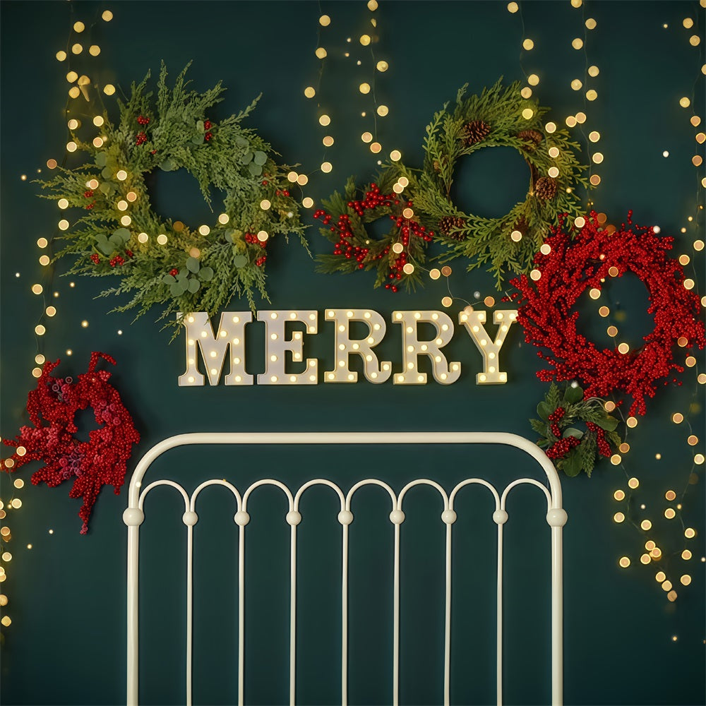 Christmas Backdrop Merry Wreath Holiday Lights Headboard Christmas Photo Backdrop MRR9-6