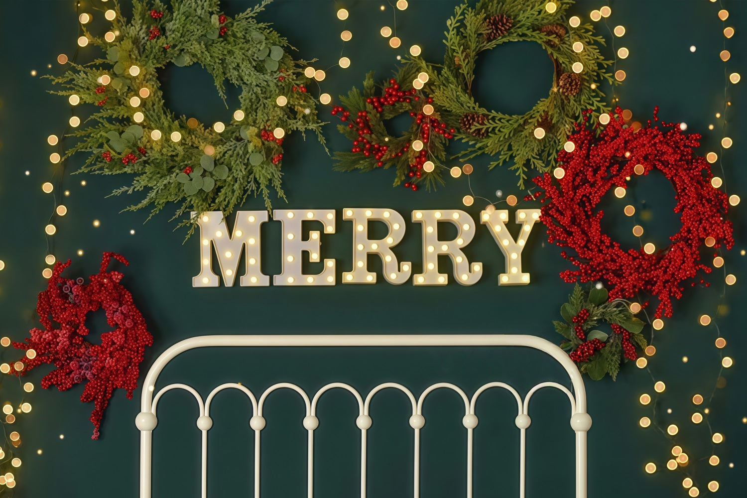 Christmas Backdrop Merry Wreath Holiday Lights Headboard Christmas Photo Backdrop MRR9-6