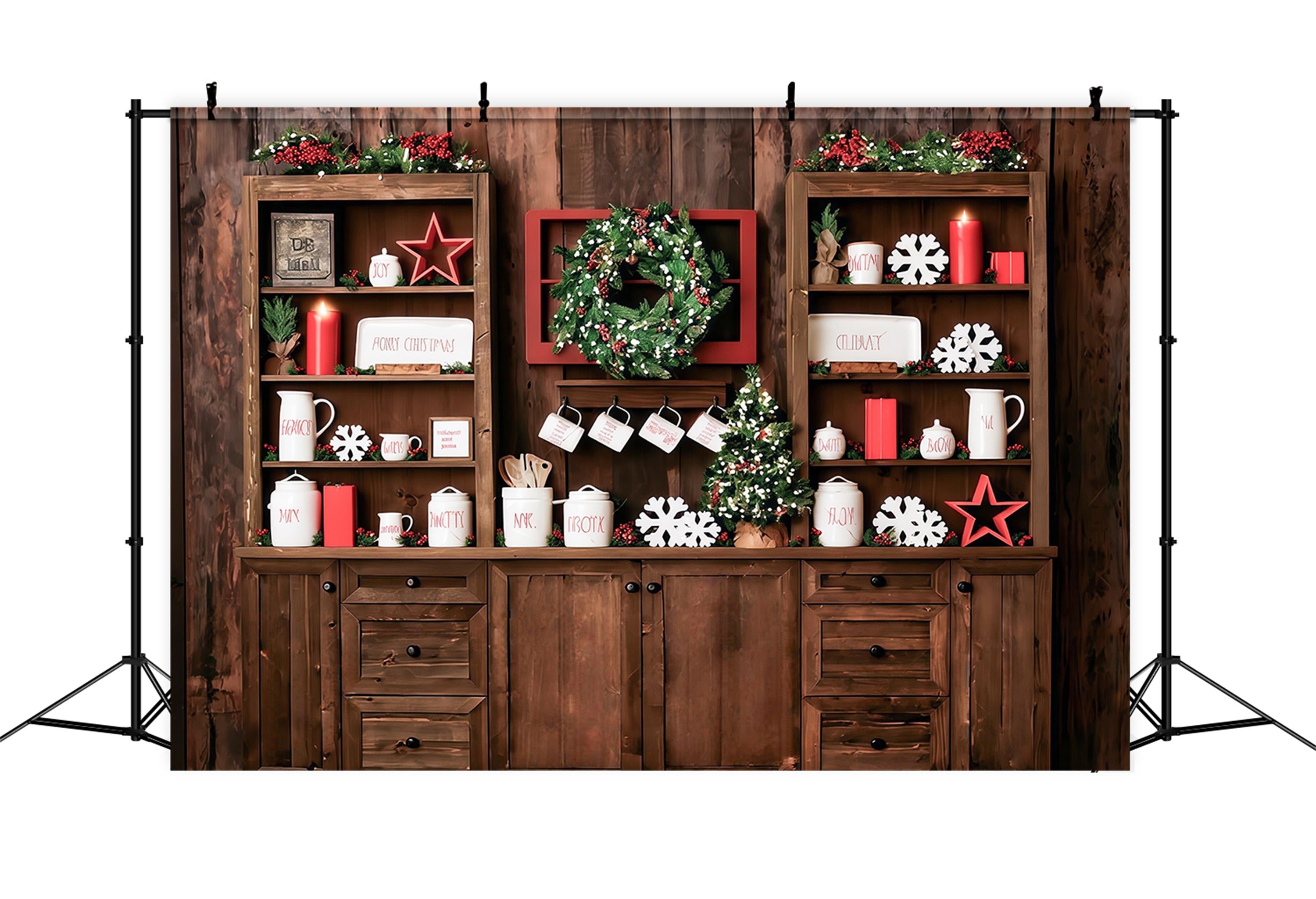 Christmas Kitchen Backdrop Rustic Shelves Festive Display Christmas Photo Backdrop MRR9-61