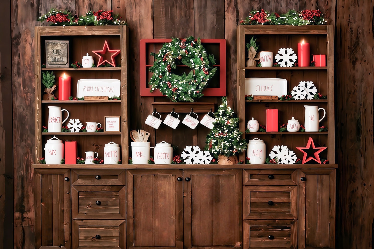 Christmas Kitchen Backdrop Rustic Shelves Festive Display Christmas Photo Backdrop MRR9-61