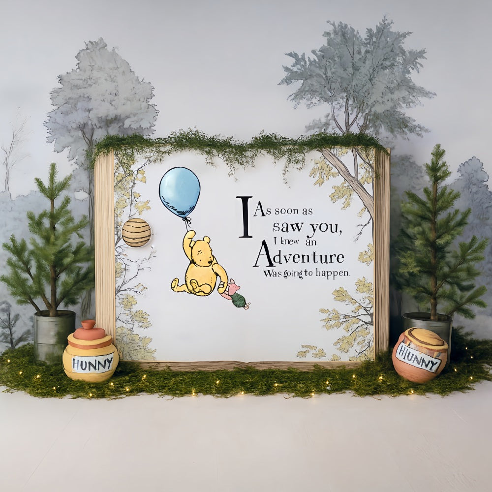 Cake Smash Backdrop Pooh Balloon Adventure Forest Quote 1st Birthday Backdrop MRR9-63