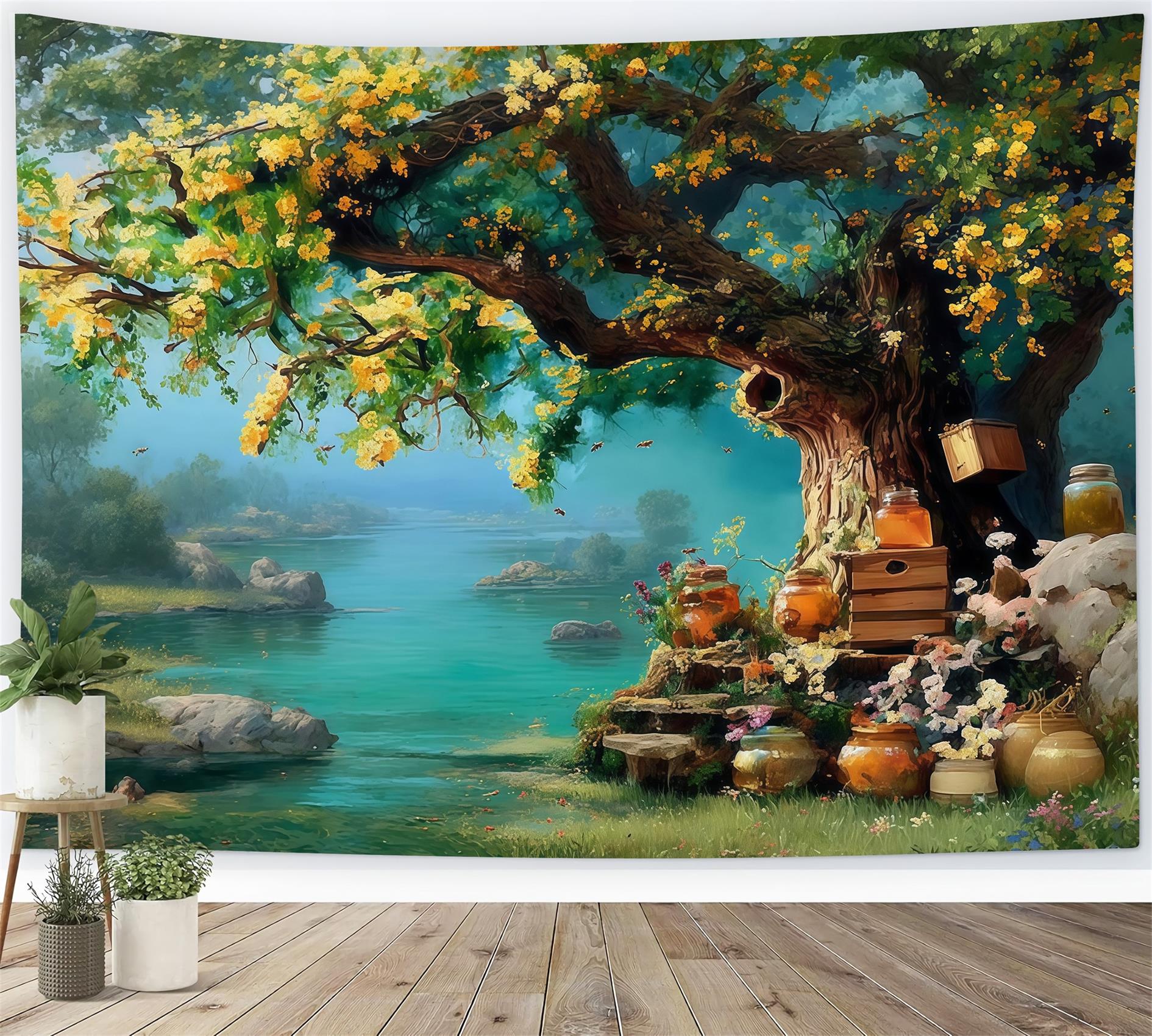Oil Painting Backdrop Golden Honey Tree Riverside Garden Fine Art Backdrop MRR9-64