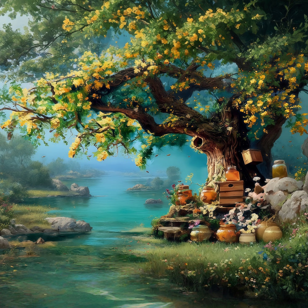 Oil Painting Backdrop Golden Honey Tree Riverside Garden Fine Art Backdrop MRR9-64