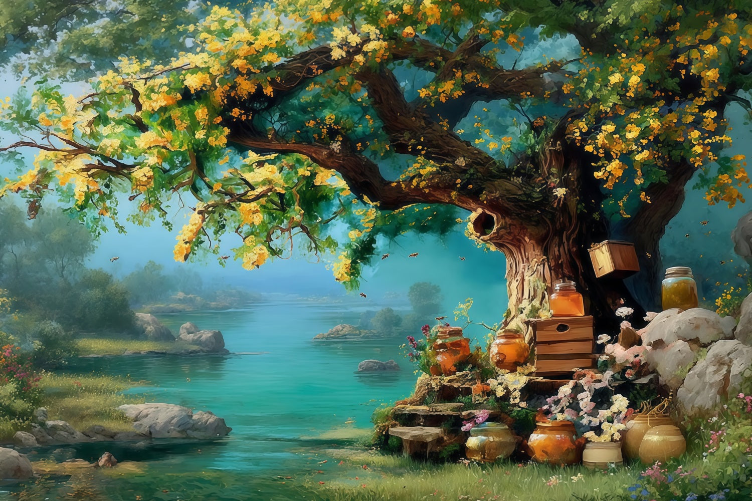 Oil Painting Backdrop Golden Honey Tree Riverside Garden Fine Art Backdrop MRR9-64