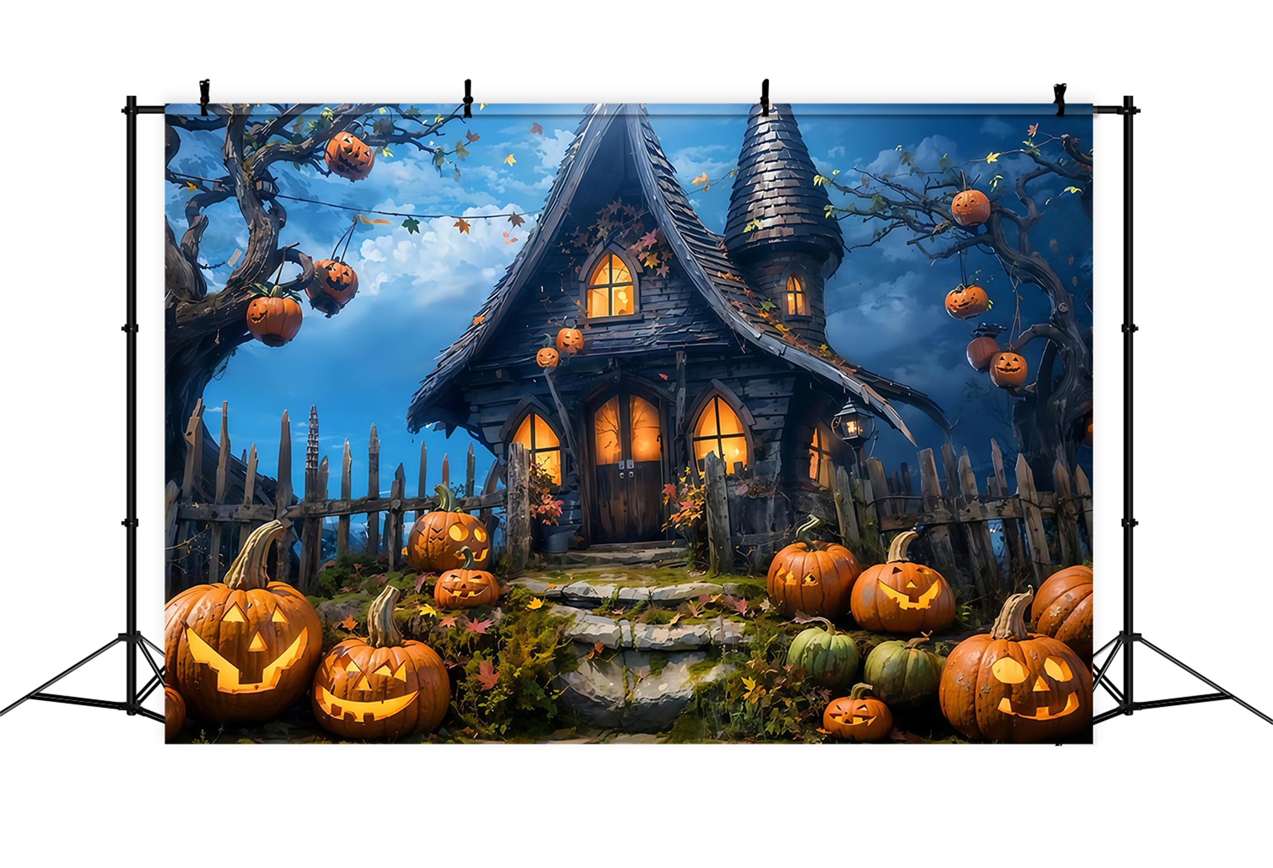 Halloween Backdrop Haunted Pumpkin Cottage Night Halloween Photo Backdrop MRR9-68