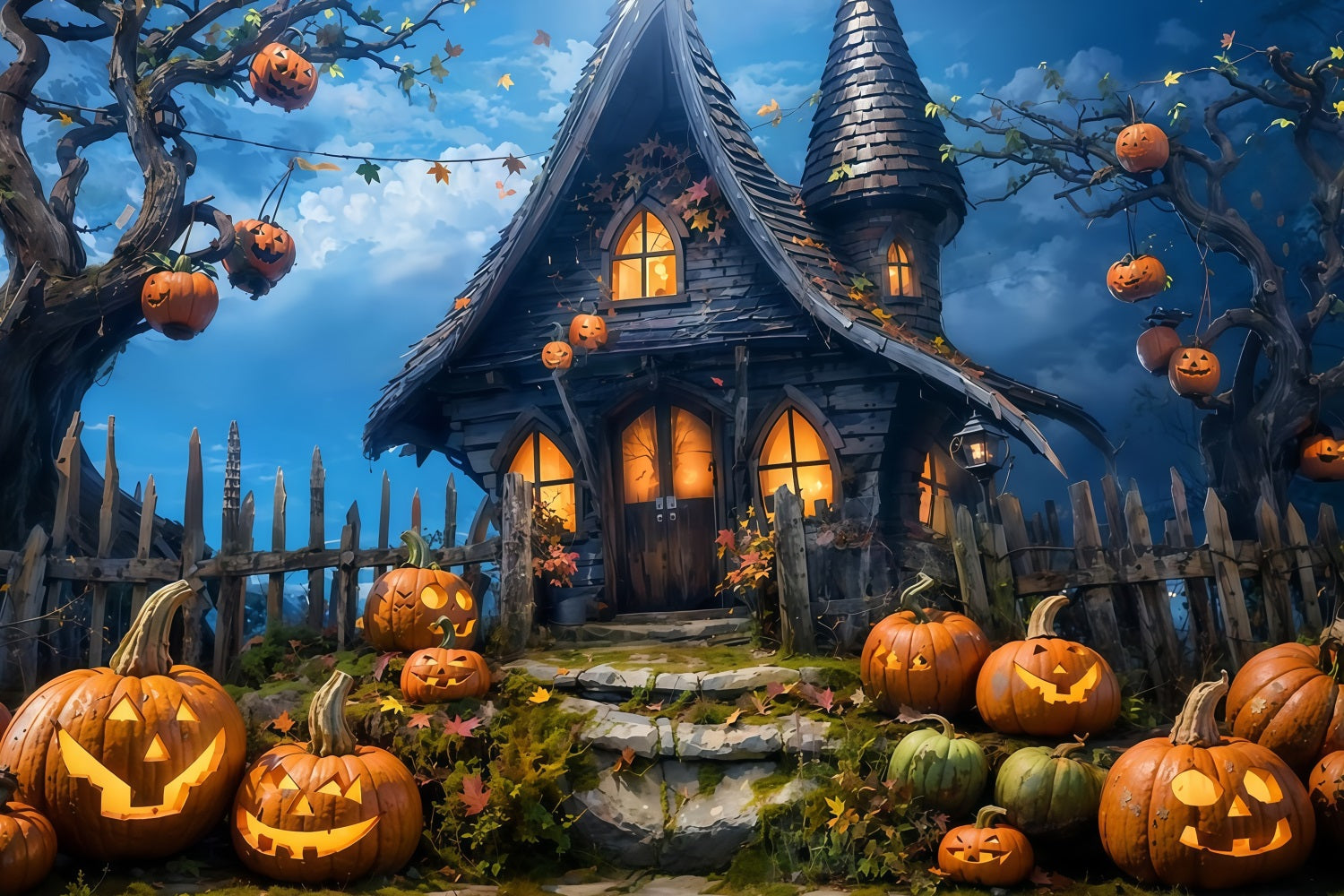 Halloween Backdrop Haunted Pumpkin Cottage Night Halloween Photo Backdrop MRR9-68